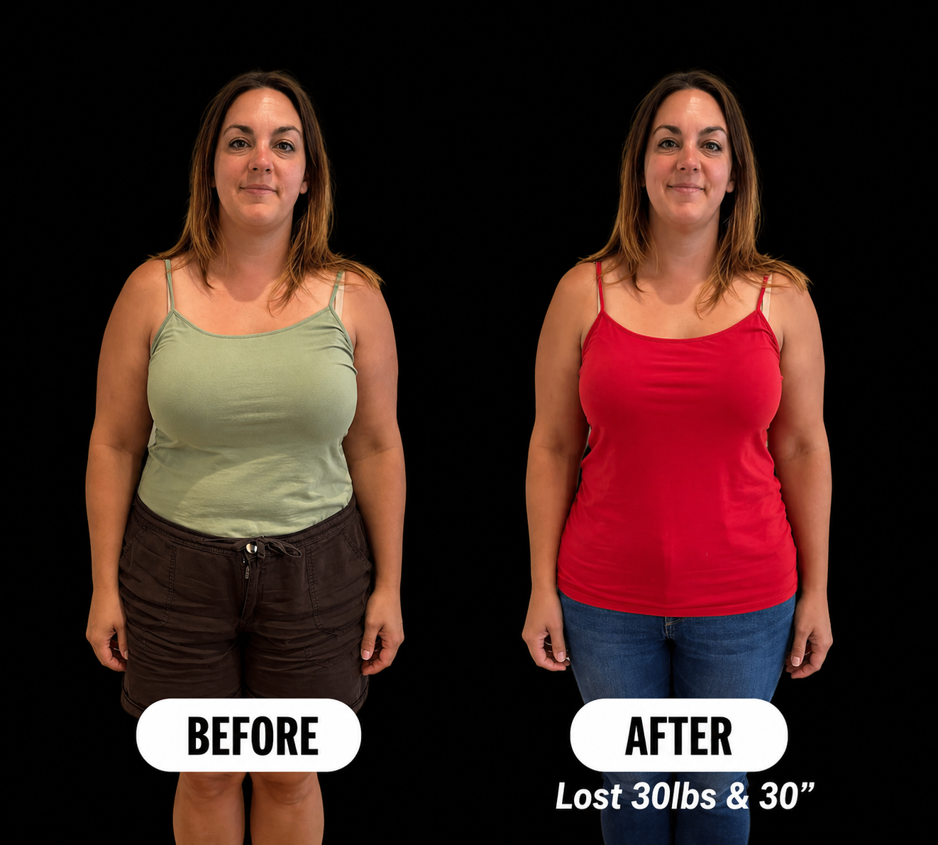 Side-by-side comparison of a woman before and after weight loss. The woman in the "before" photo is wearing a light green tank top and dark shorts, appearing heavier with a rounded face and thicker arms. In the "after" photo, she is wearing a red tan