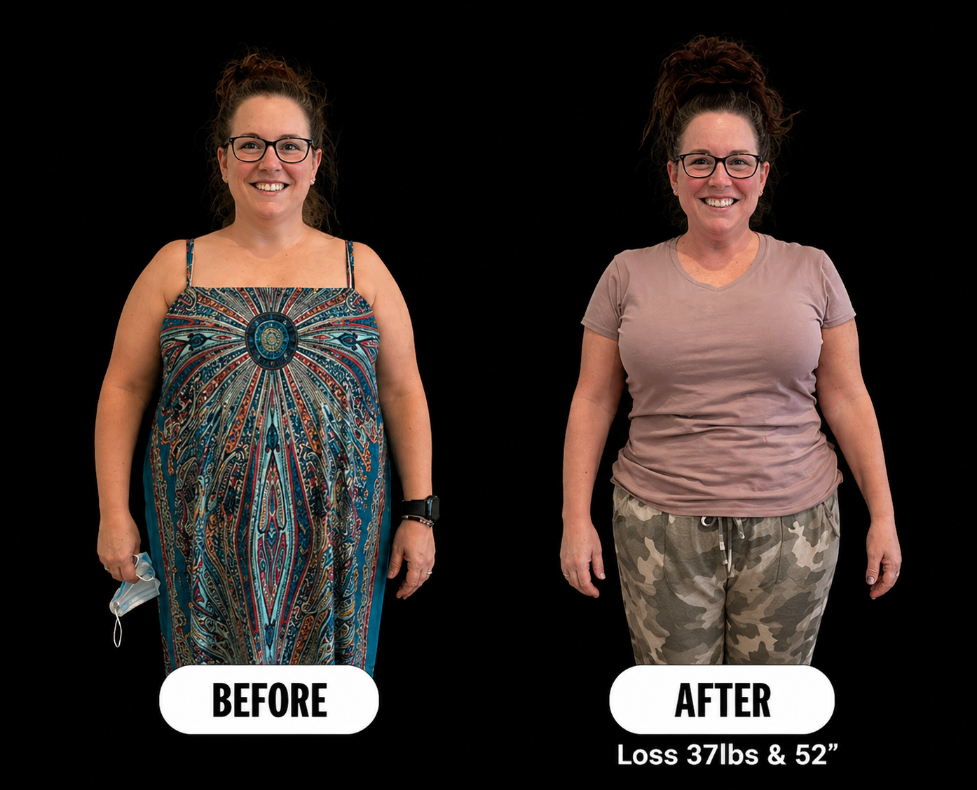 Side-by-side comparison photo of a woman before and after weight loss. The woman on the left is wearing a colorful patterned dress, smiling, holding a face mask, and wearing glasses. The woman on the right is wearing a beige t-shirt and camouflage pa
