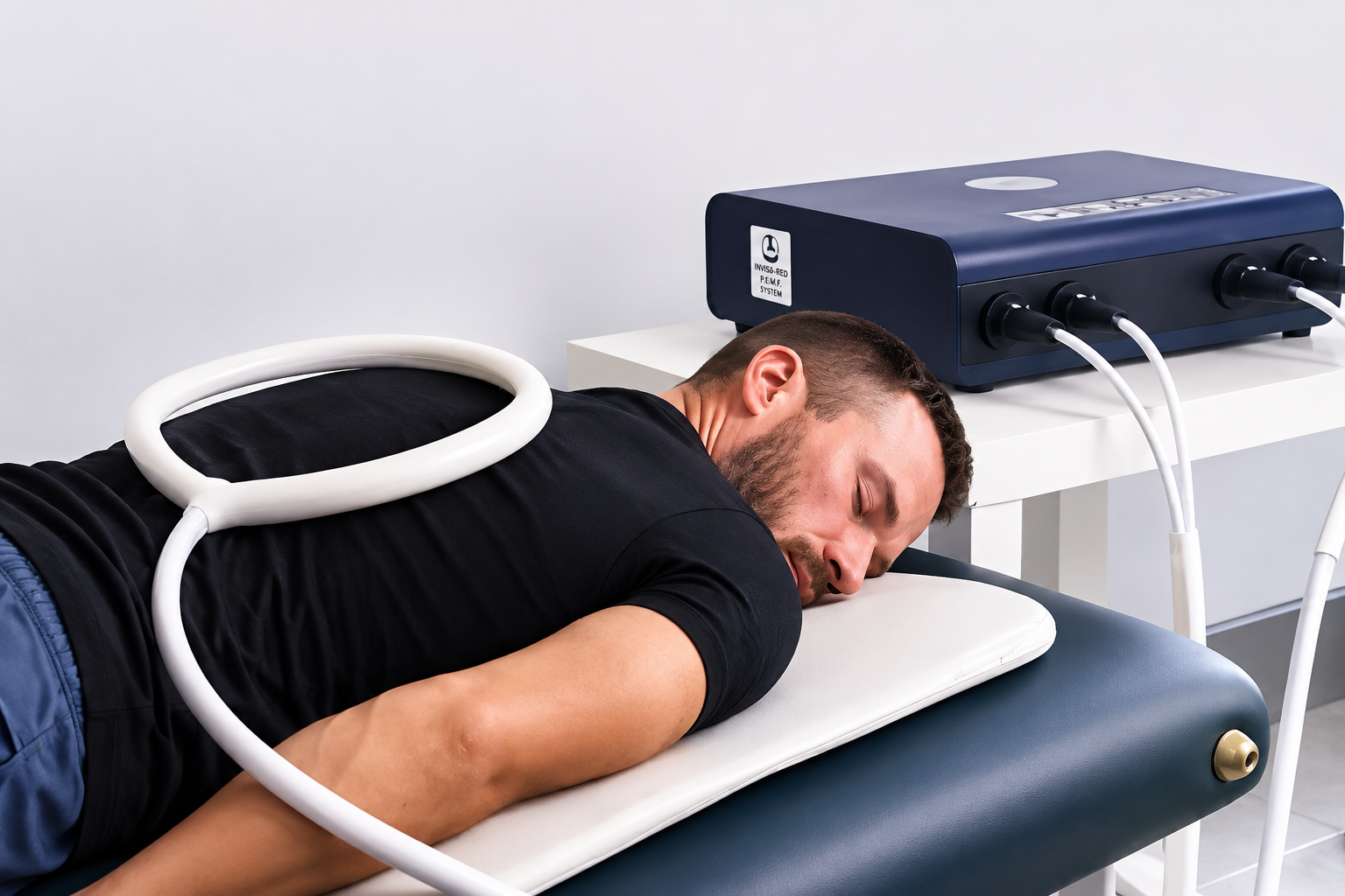 Man lying on a medical examination table, connected to a medical device with tubes and a white ring around his torso, in a medical setting.