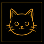 Minimalist line drawing of a cat's face with whiskers, in yellow on a black background.