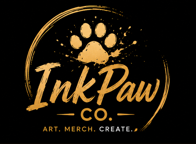Logo for Ink Paws Co., featuring a gold paw print above stylized gold text, with slogan 'Art. Merch. Create.' and artistic brush strokes on a black background.