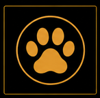 Paw print icon enclosed in a circle with a black background and gold outline.