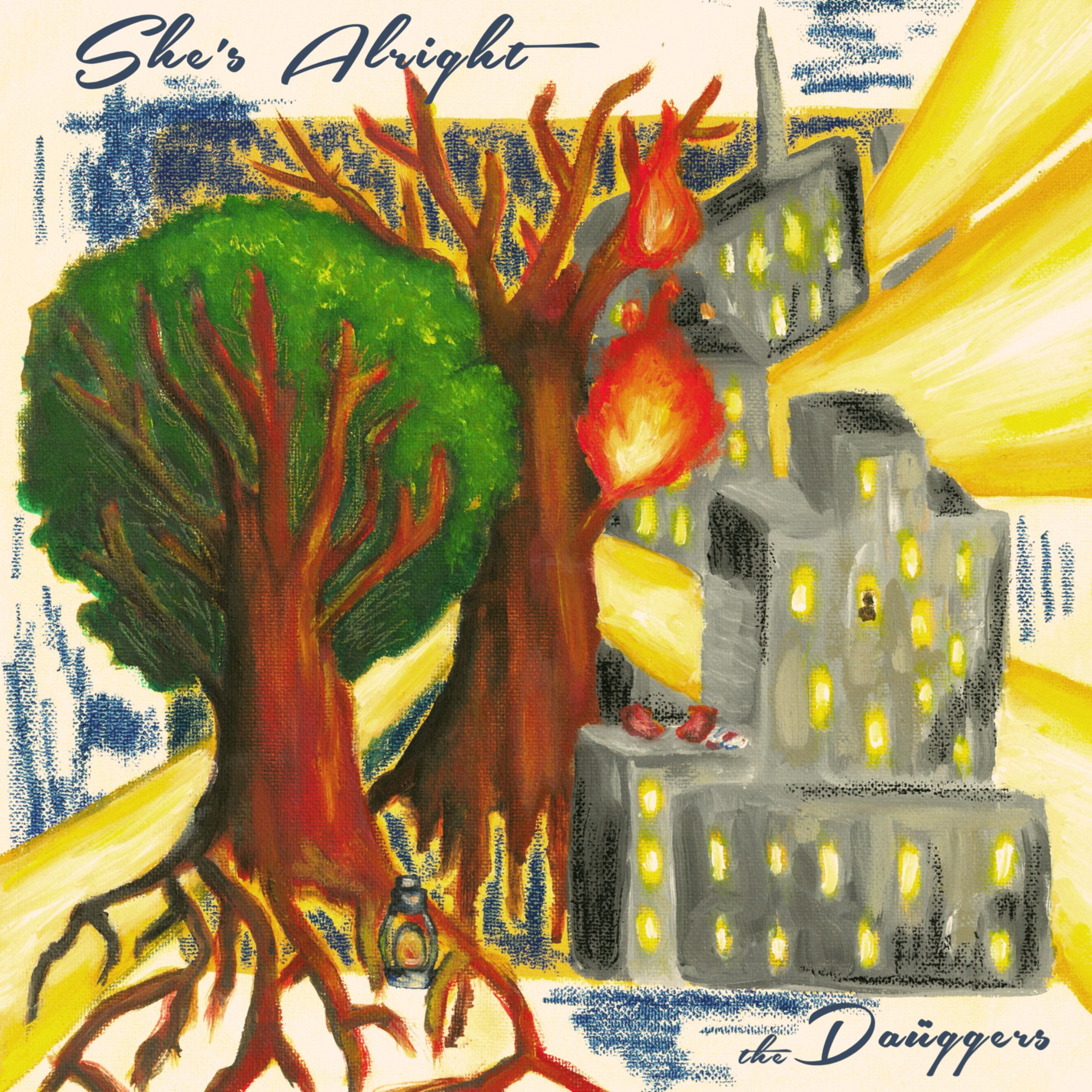 She's Alright Album Cover:  A colorful, abstract painting of fireworks exploding over a city skyline with trees and the text 'She's Alright' and 'The Daüggers'.