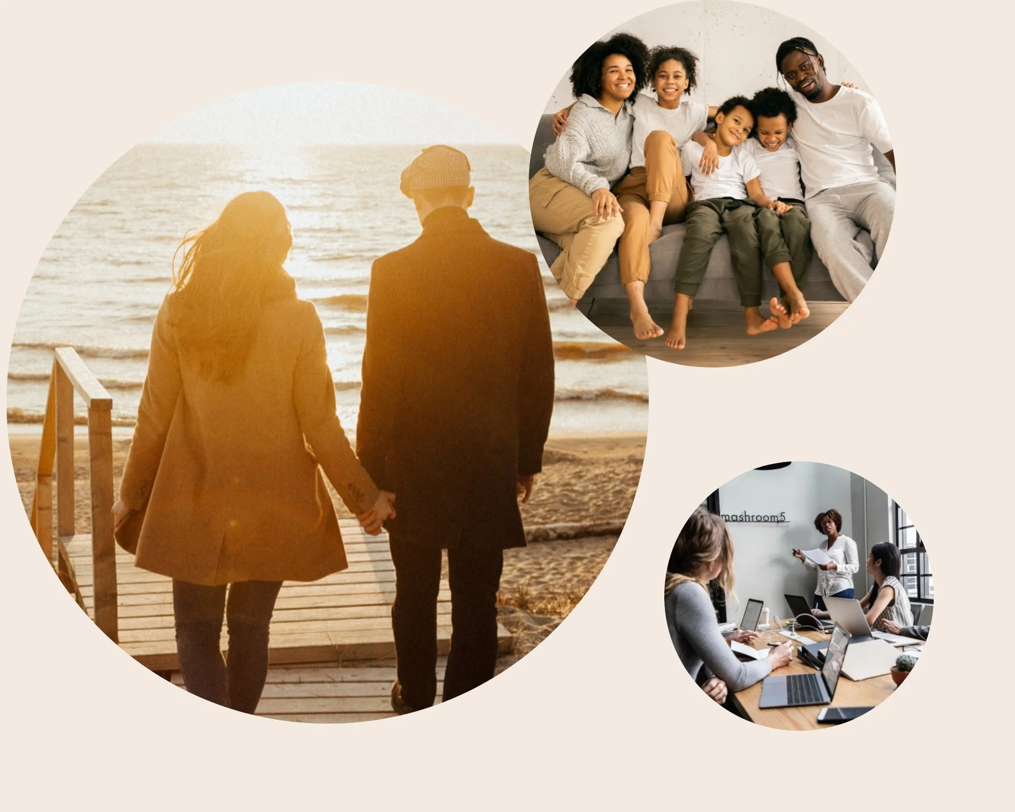 Drei Bilder in einer Collage. Das erste zeigt eine Person, die vor einer Tafel im Unterricht spricht. Das zweite zeigt ein Paar beim Spaziergang am Strand bei Sonnenuntergang. Das dritte zeigt eine Familie.