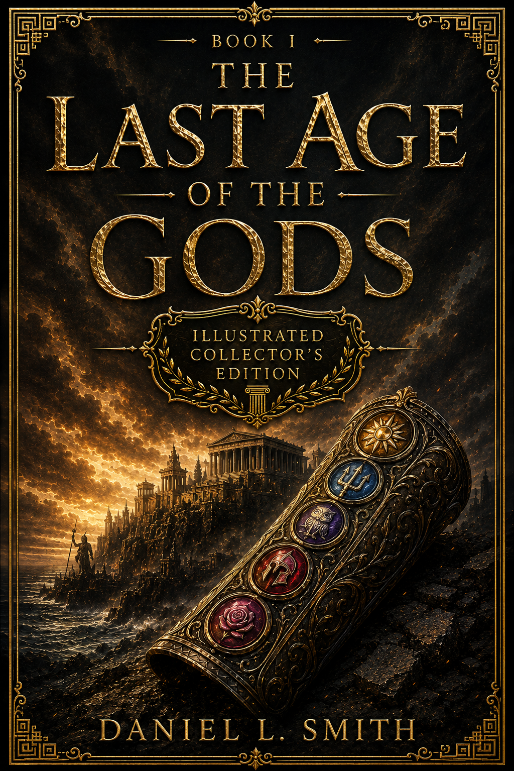 Cover of book titled "The Last Age of the Gods," authored by Daniel L. Smith. The cover features a dark, stormy sky with lightning, a classical temple on a hill, and an ornate, golden artifact with six colored symbols, including a star, arrow, owl, key, rose, and a script letter.