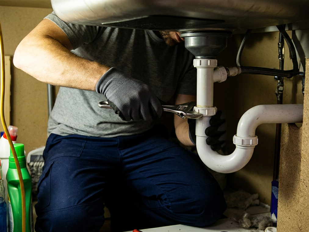 A person repairing a kitchen sink underneath it, using a wrench on the plumbing pipes.