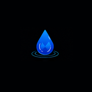 A digital illustration of a blue water droplet with ripples on a black background.