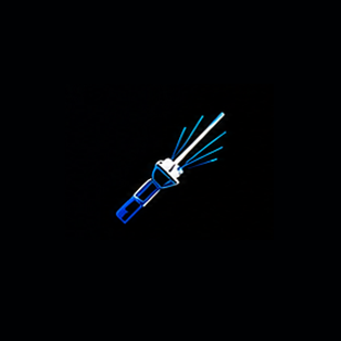 A glowing blue sword with light rays emanating from it against a black background.