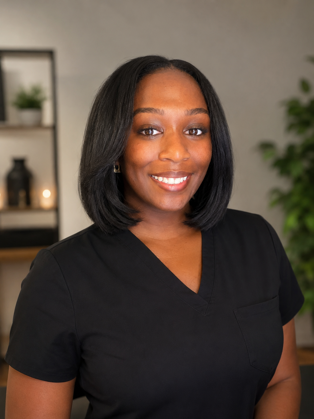 A smiling African American woman wearing black medical scrubs, with shoulder-length black hair, in a professional indoor setting.