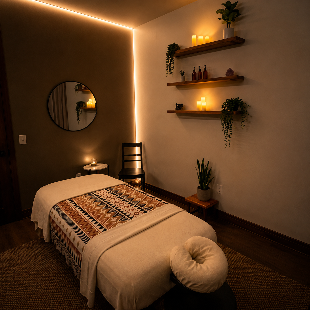 A cozy massage room with dim lighting, a massage table draped with a patterned blanket, a round mirror on a dark wall, floating shelves with lit candles and plants, a small side table with a candle, a black chair, and a potted plant on a wooden stand.