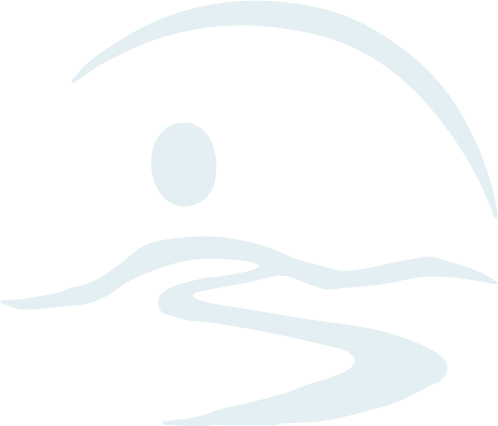 Abstract light blue and white design resembling a stylized landscape with a river, hills, and a large circular shape in the background.