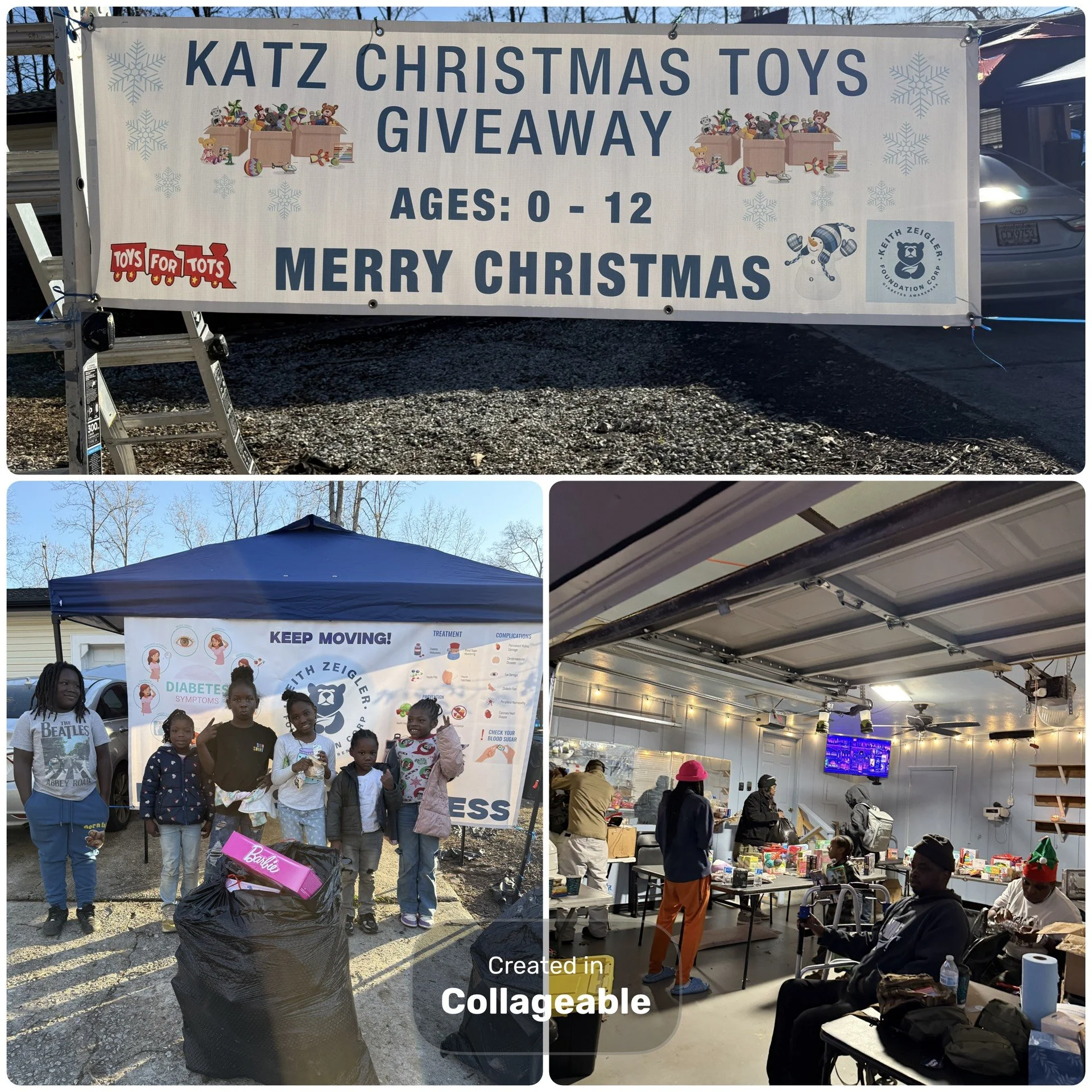 A Christmas toy giveaway event for children ages 0-12, organized by Keith Zeigler Foundation, with volunteers and children inside a community center, and a banner displaying event details outside.