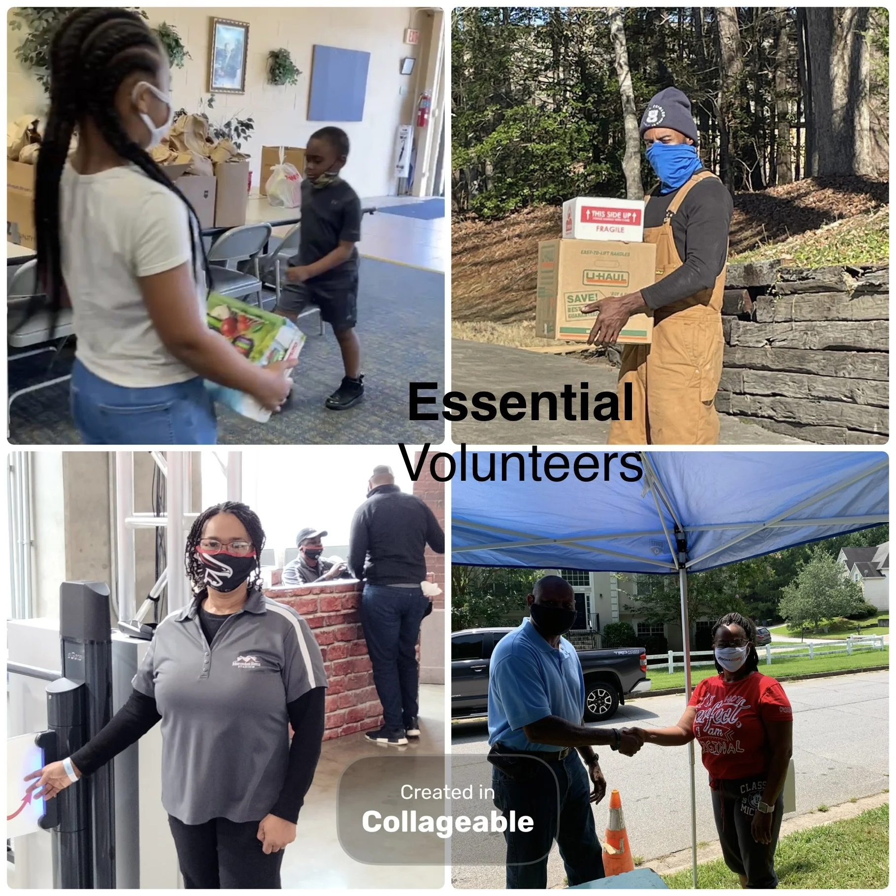 Collage of four photos showing volunteers in various settings. The top left photo shows two children wearing masks, one holding a packet of groceries inside a building. The top right photo features a man wearing a mask, beanie, and gloves, carrying boxes outdoors near a wooded area. The bottom left photo shows a woman with braids and glasses, wearing a mask and standing in an indoor location with brick walls, possibly a donation or distribution center. The bottom right photo depicts a man and woman wearing masks, shaking hands outside under a canopy, with a residential neighborhood in the background.