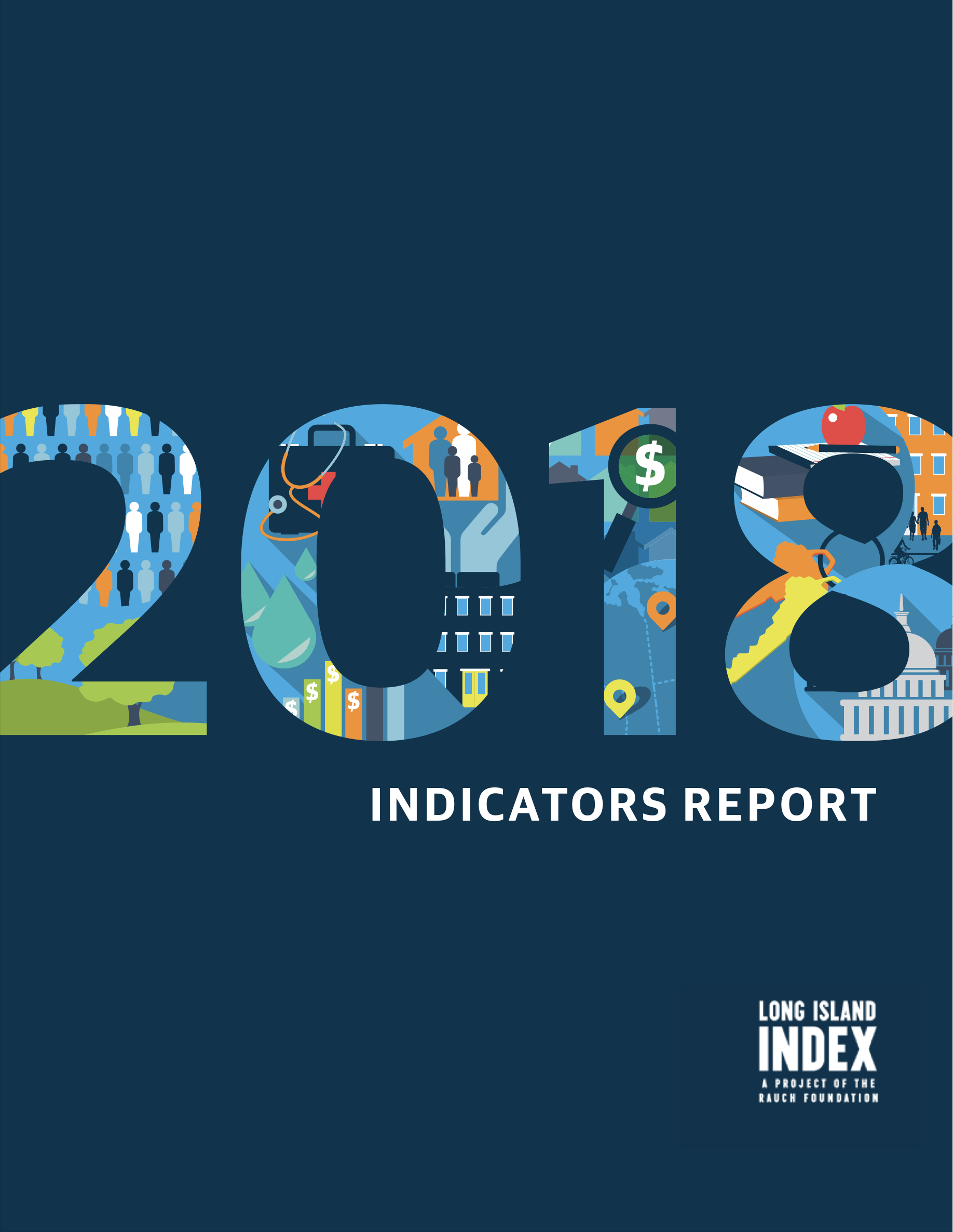Cover of the Long Island Indicator Report, a project of the Rauch Foundation, featuring the year 2023 stylized with graphics representing various societal and economic themes.