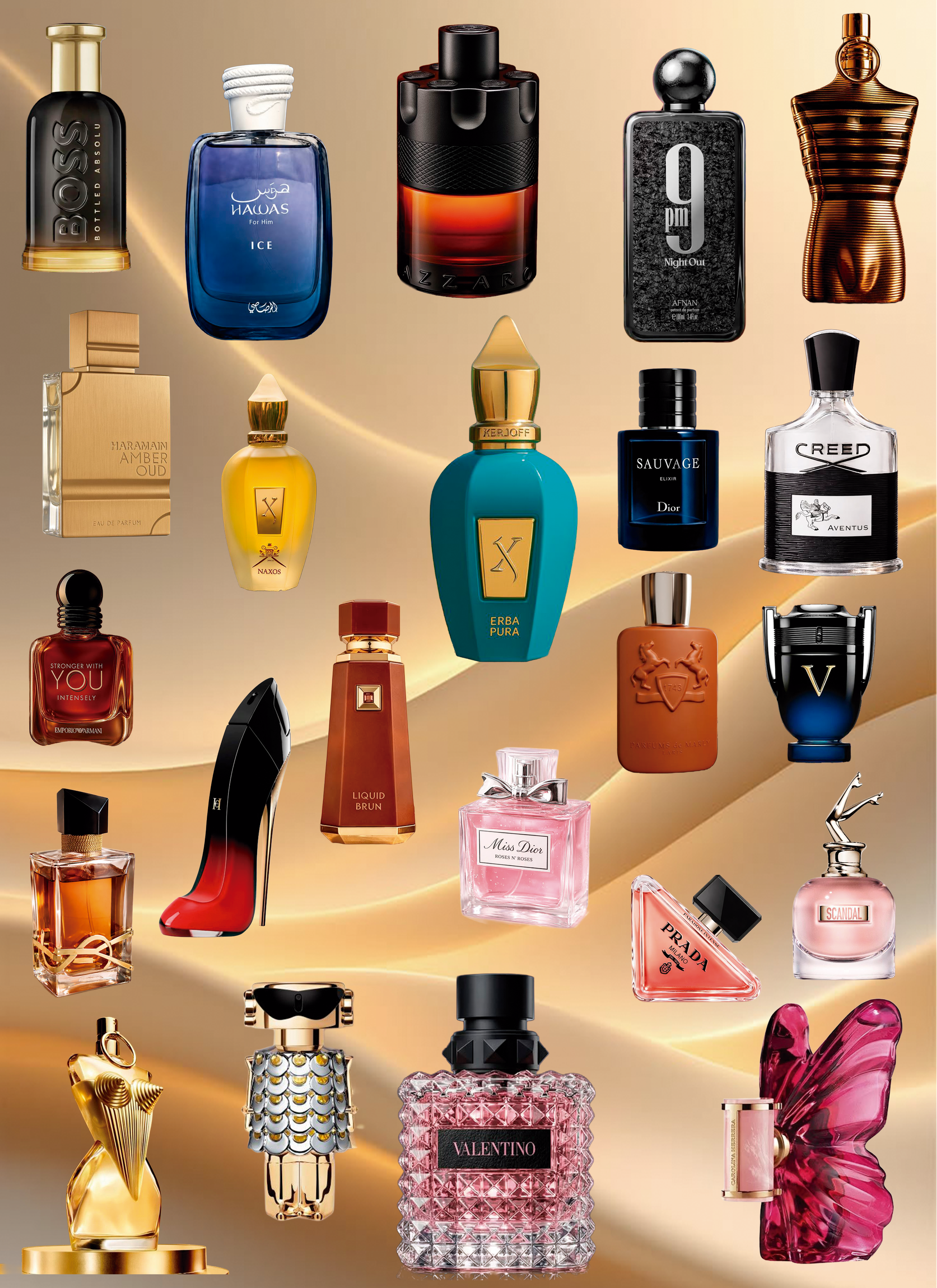 Variedad de botellas de perfumes de diferentes estilos y colores en un fondo dorado.