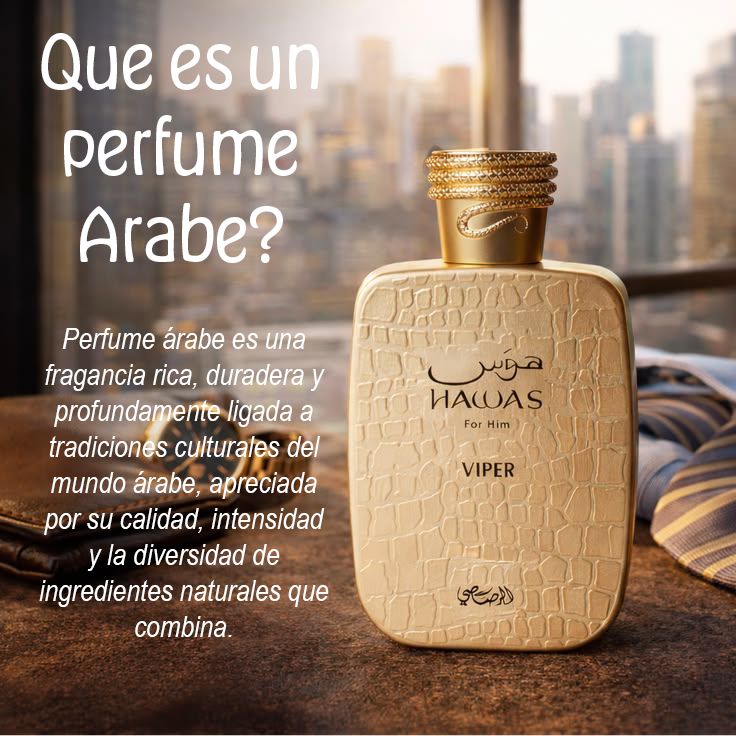 Una botella de perfume con textura de piel de cocodrilo, etiquetada como HAWHAS y VIPER, colocada sobre una mesa de madera con vista a un edificio en una ciudad. Texto en la imagen explica qué es un perfume árabe.