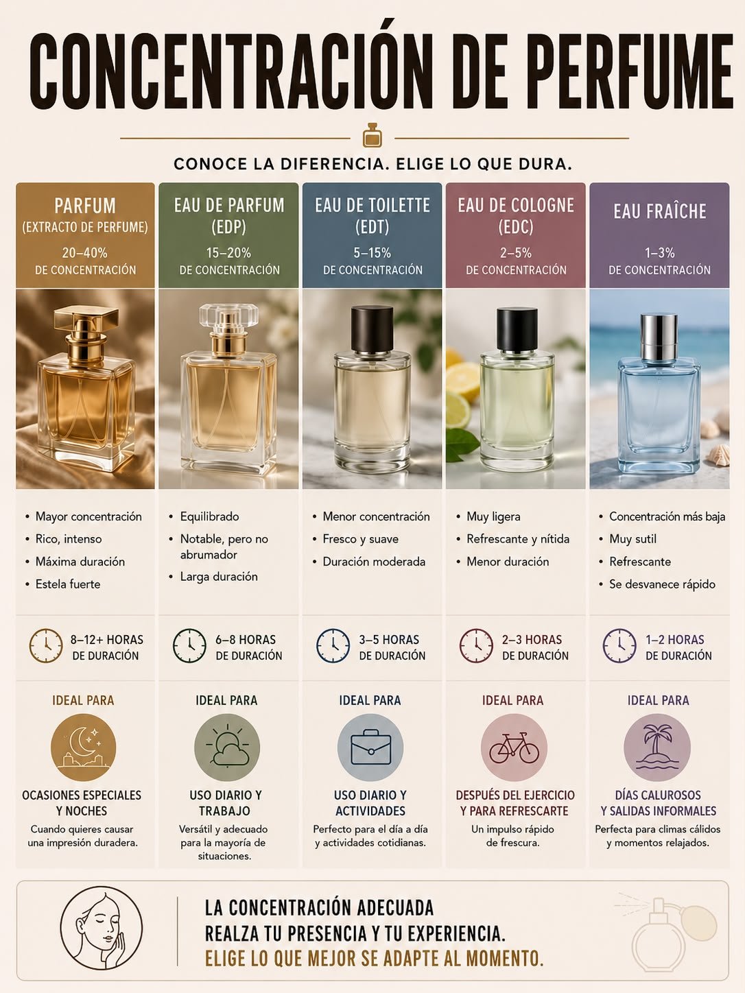 Tabla comparativa de diferentes tipos de perfumes y aguas aromáticas, mostrando su concentración, duración y uso ideal, desde perfume con concentración alta hasta agua fresca con concentración baja.