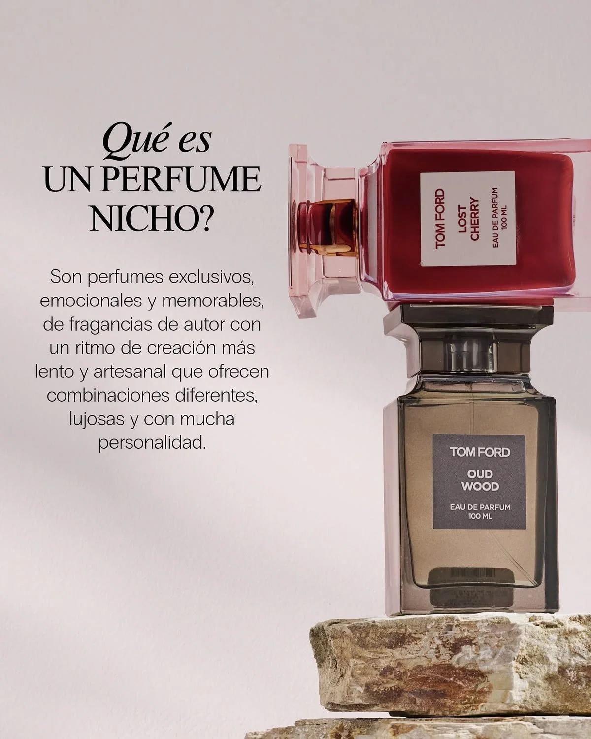Cartel con la pregunta '¿Qué es un perfume nicho?' y descripción de perfumes exclusivos, emocionales y memorables, con fragancias de autor y diferentes combinaciones, en imágenes de dos frascos de perfume, uno con etiqueta 'Lost Cherry' y otro con etiqueta 'Oud Wood' de Tom Ford.