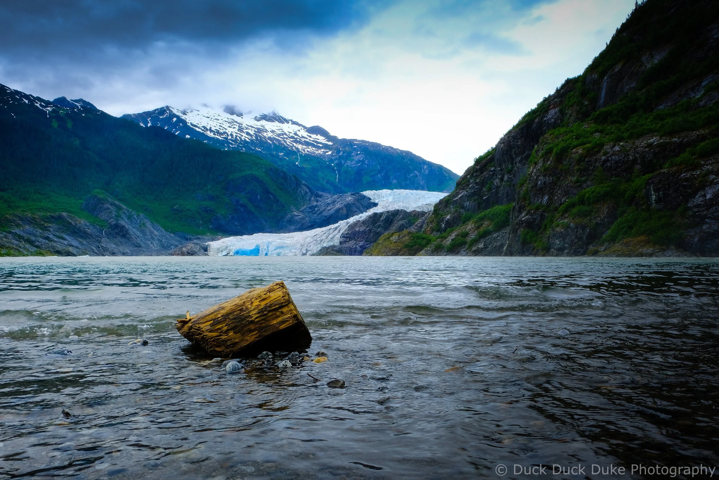 View of a mountain landscape with snow-capped peaks, green forested slopes, a glacier, and a body of water with a fallen log in the foreground.