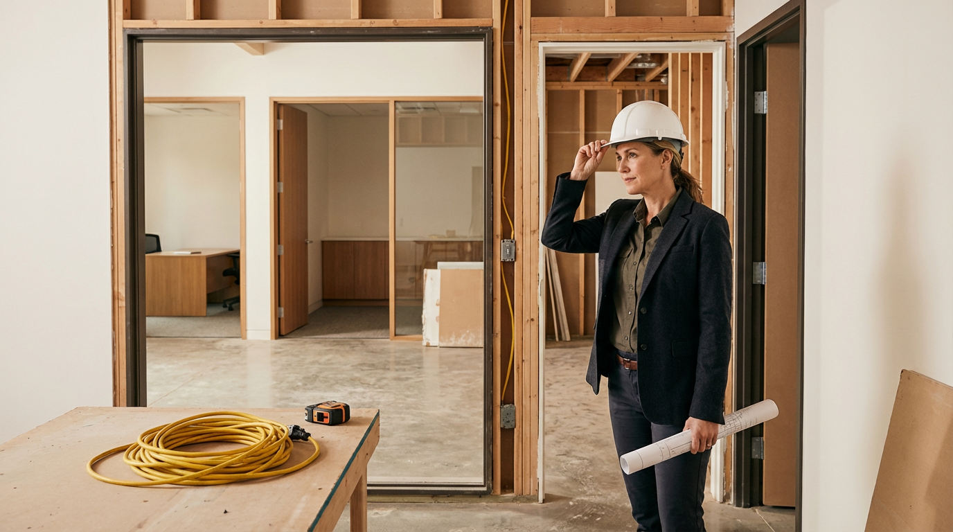 A woman construction site manager wearing a hard hat and business attire looks around surveying the ongoing construction in an office space.