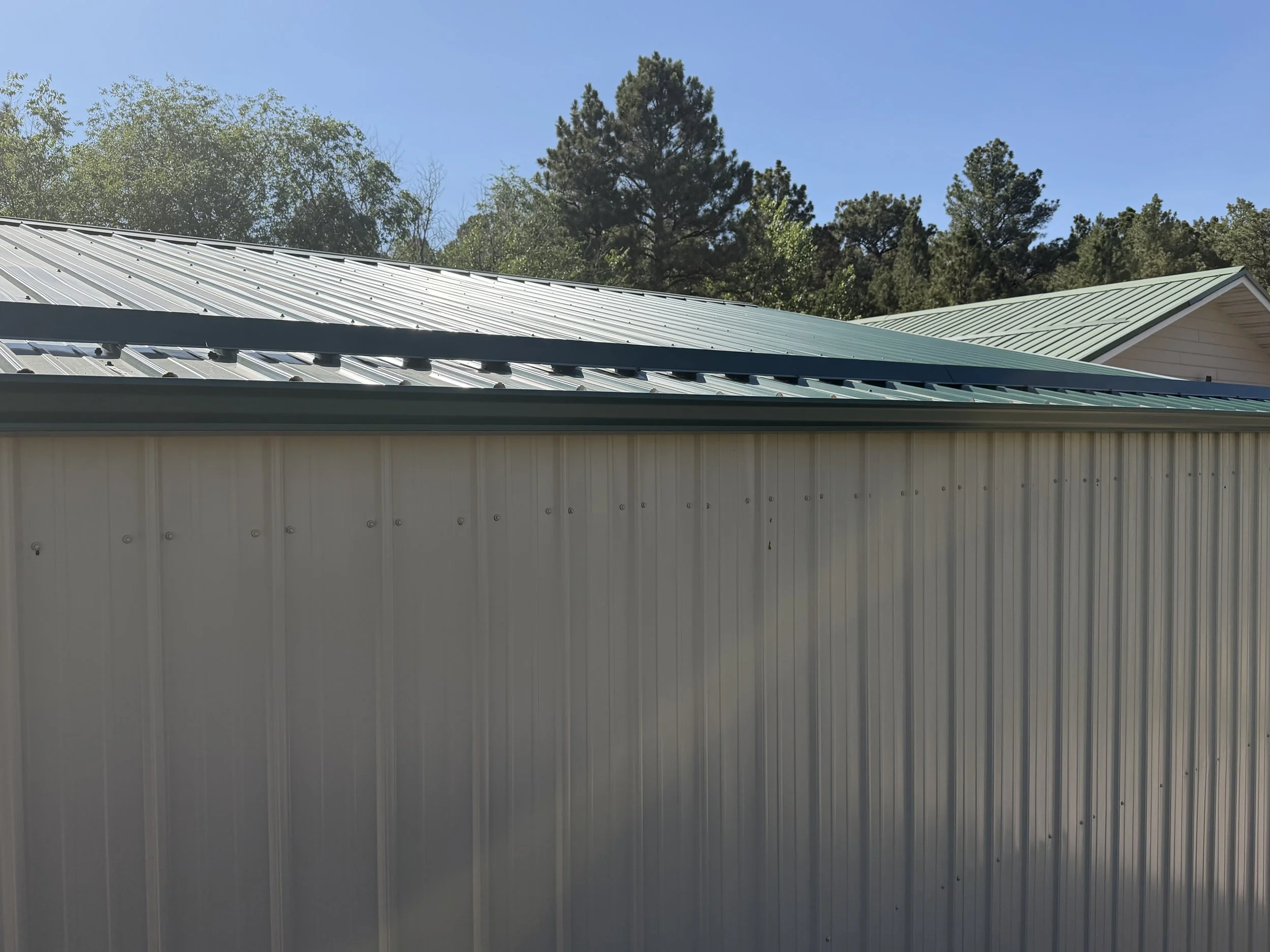 The image features the roof of a building with light-colored metal panels, set against a clear blue sky and surrounded by tall pine trees.