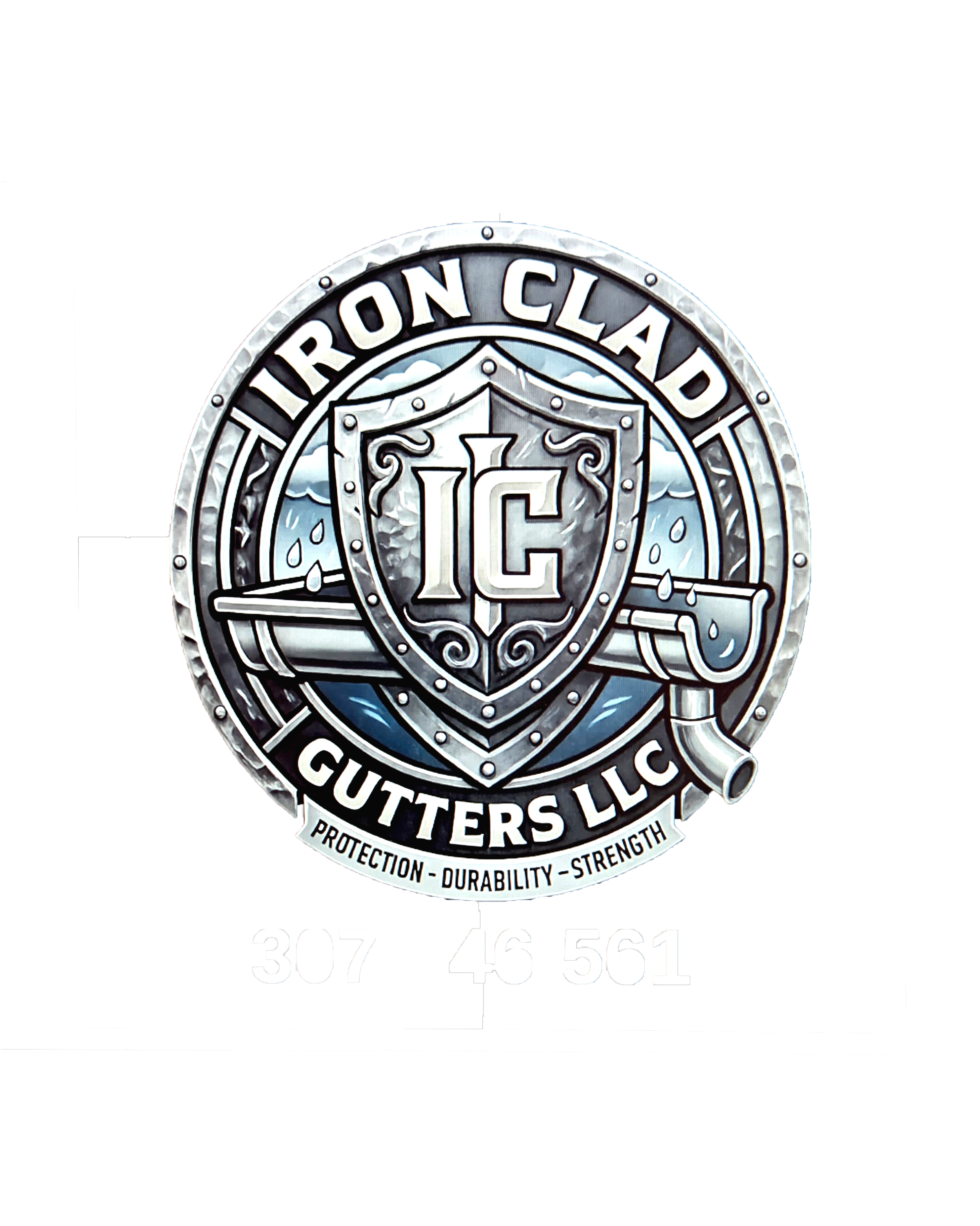 Close-up of a circular metallic emblem reading 'Iron Clad Gutters LLC' with a shield and water droplets design, emphasizing protection, durability, and strength.