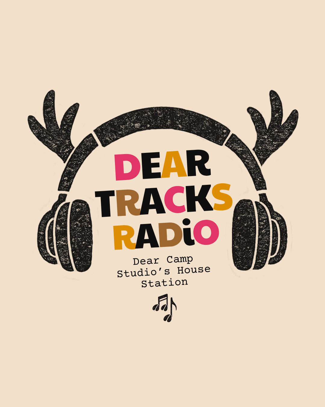 Dear Tracks Radio - Dear Camp Studio's House Station. Headphones with antlers and music notes with deer hoof tracks.