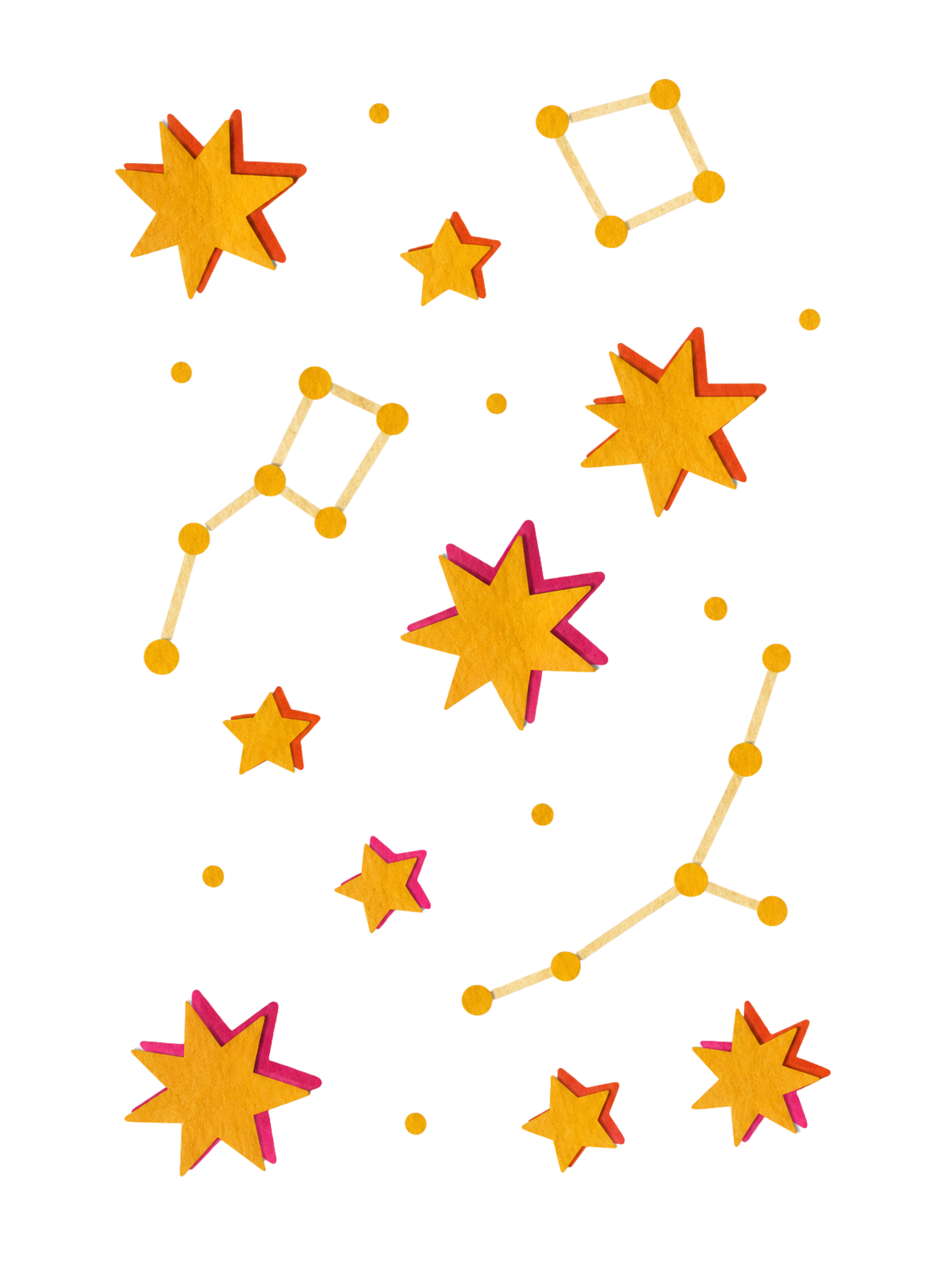 Decorative visual of orange and yellow stars with pink and red outlines, connected by beige lines and small yellow circles, resembling a constellation or star chart, on a black background.