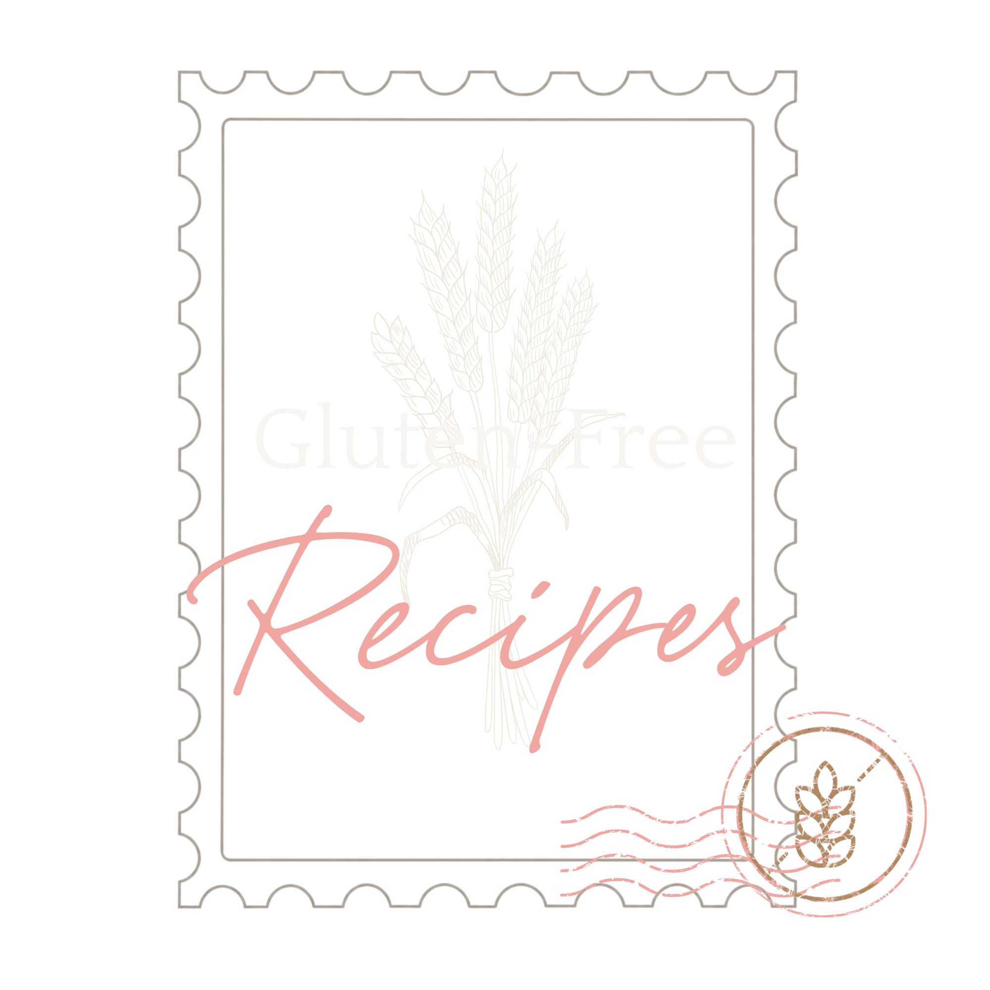 A black background with white and pink text and illustrations indicating gluten-free bread. The design includes wheat stalks crossed out with a pink line and a small flower with a heart. The text reads 'Gluten-Free Bread' with emphasis on 'Bread' in pink cursive