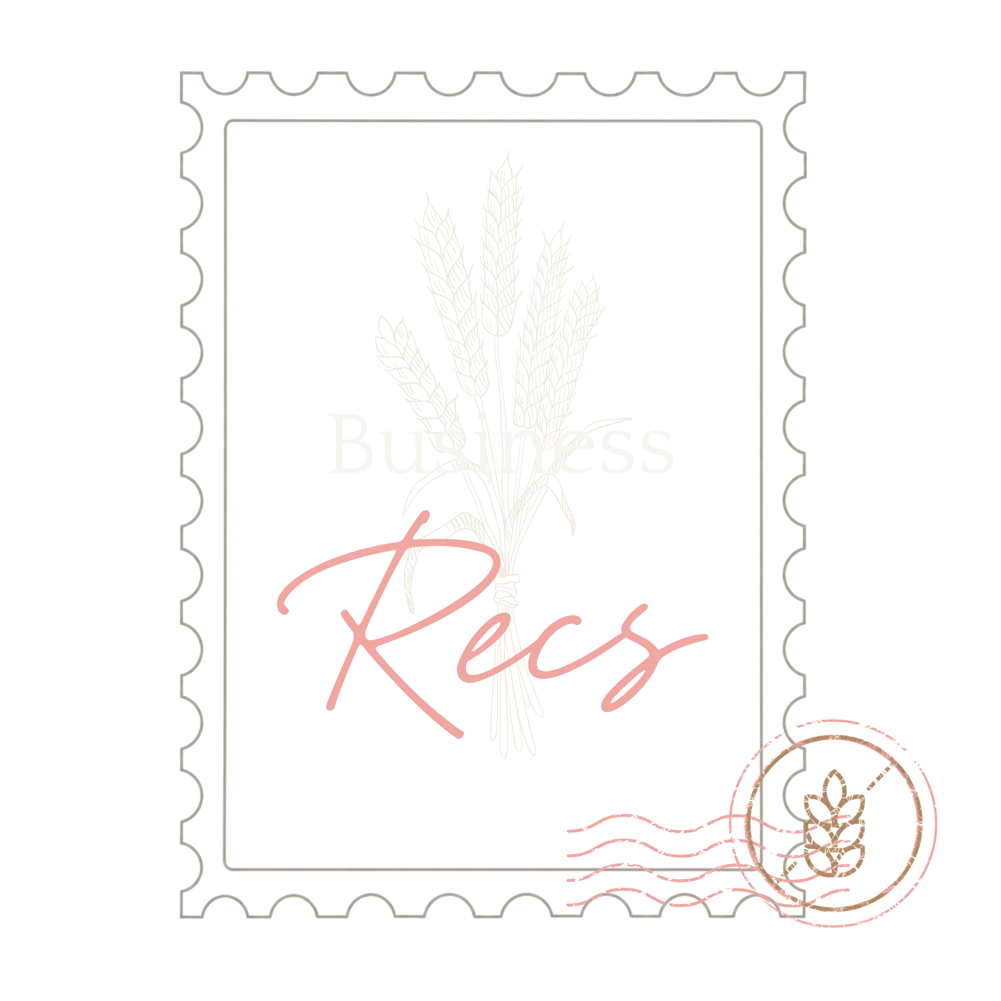 A decorative postage stamp with a black background, white outline of a farm scene, wheat stalks in the center, with the word 'Business' written below and pink and gold cursive details.