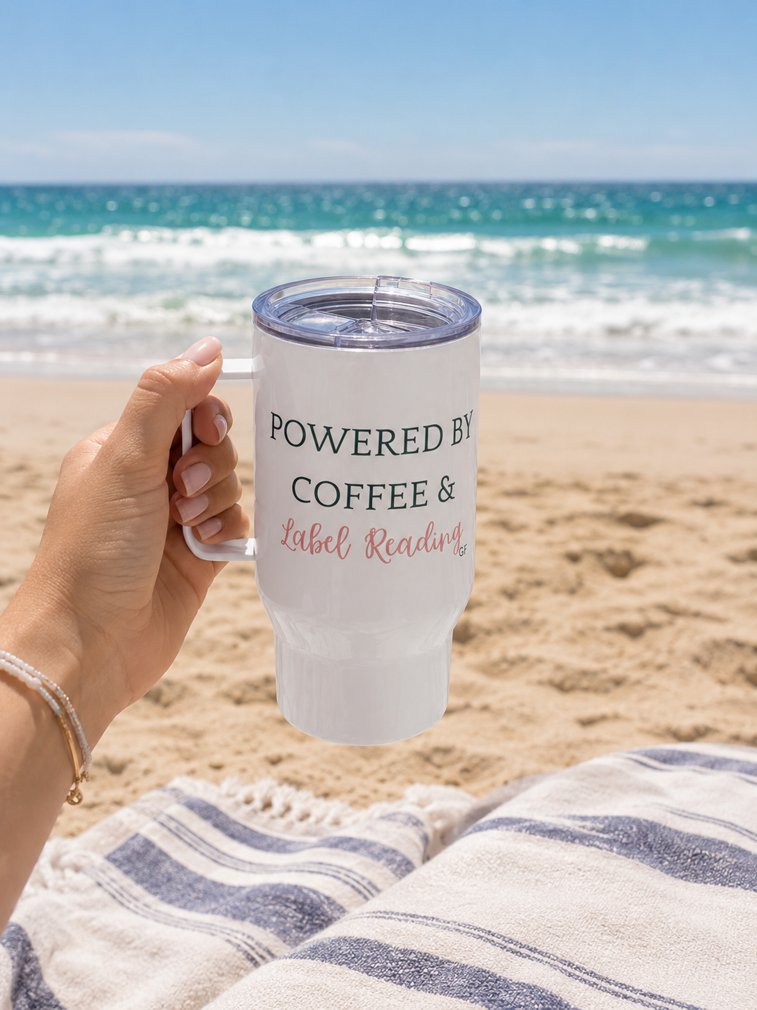 Powered by Coffee & Label Reading Travel Mug