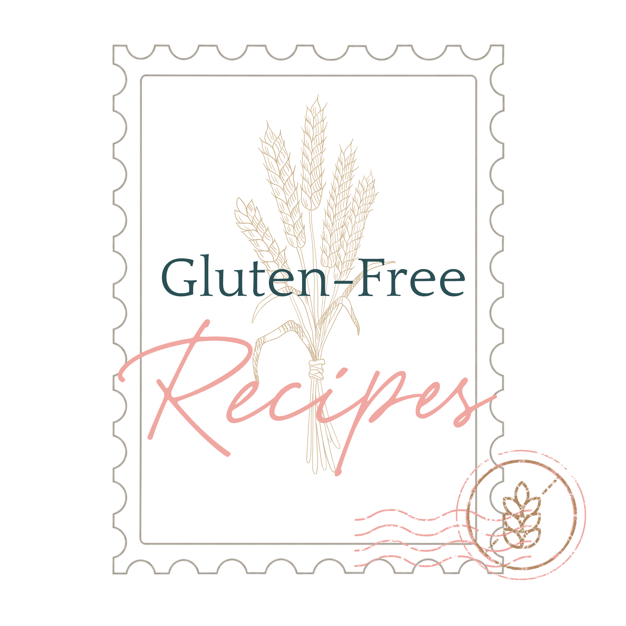 Close-up of a gluten-free stamp with wheat graphic and decorative text elements.