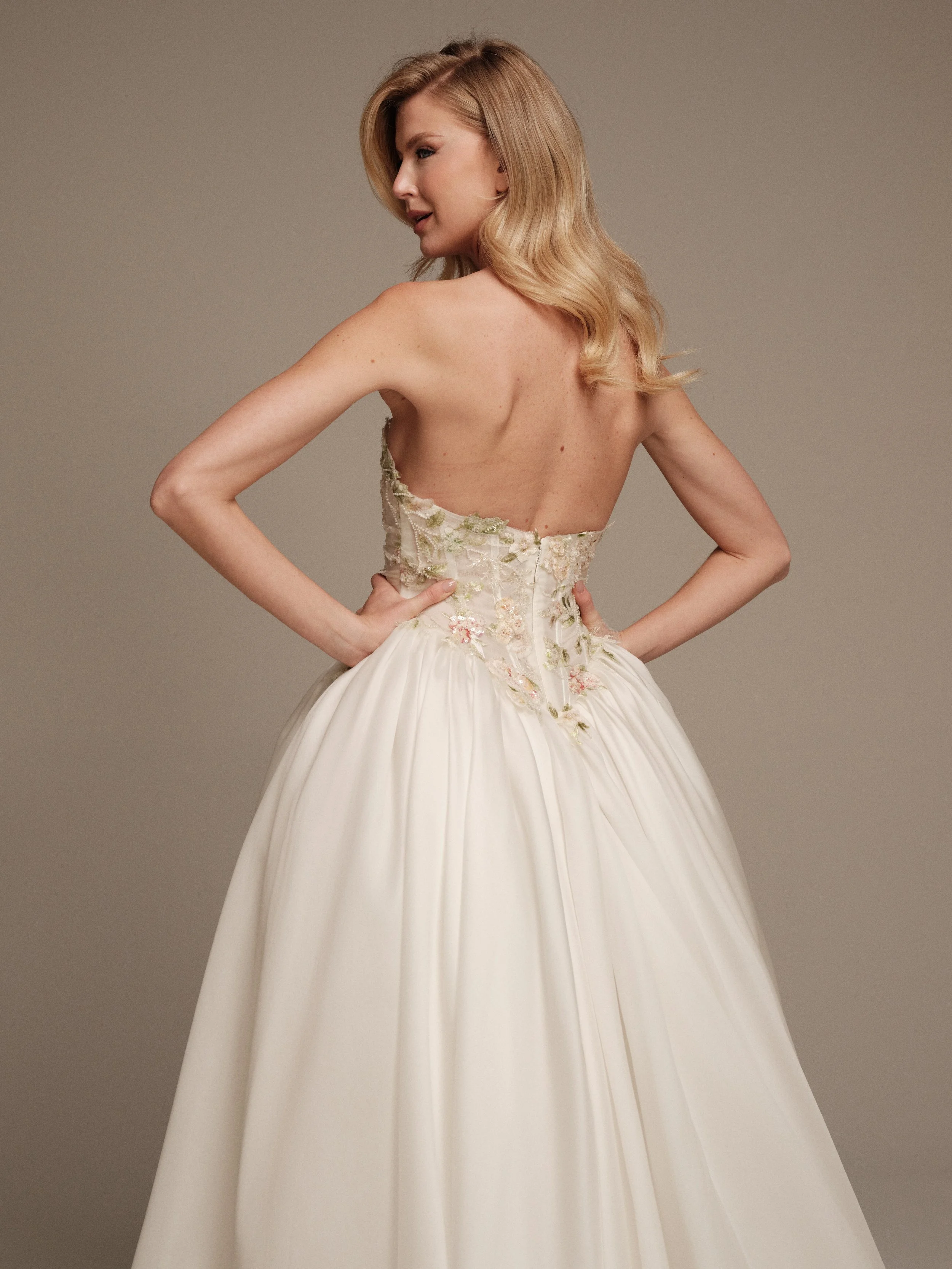 Maria Pia Flora silk organza wedding dress with embroidered corset and full skirt