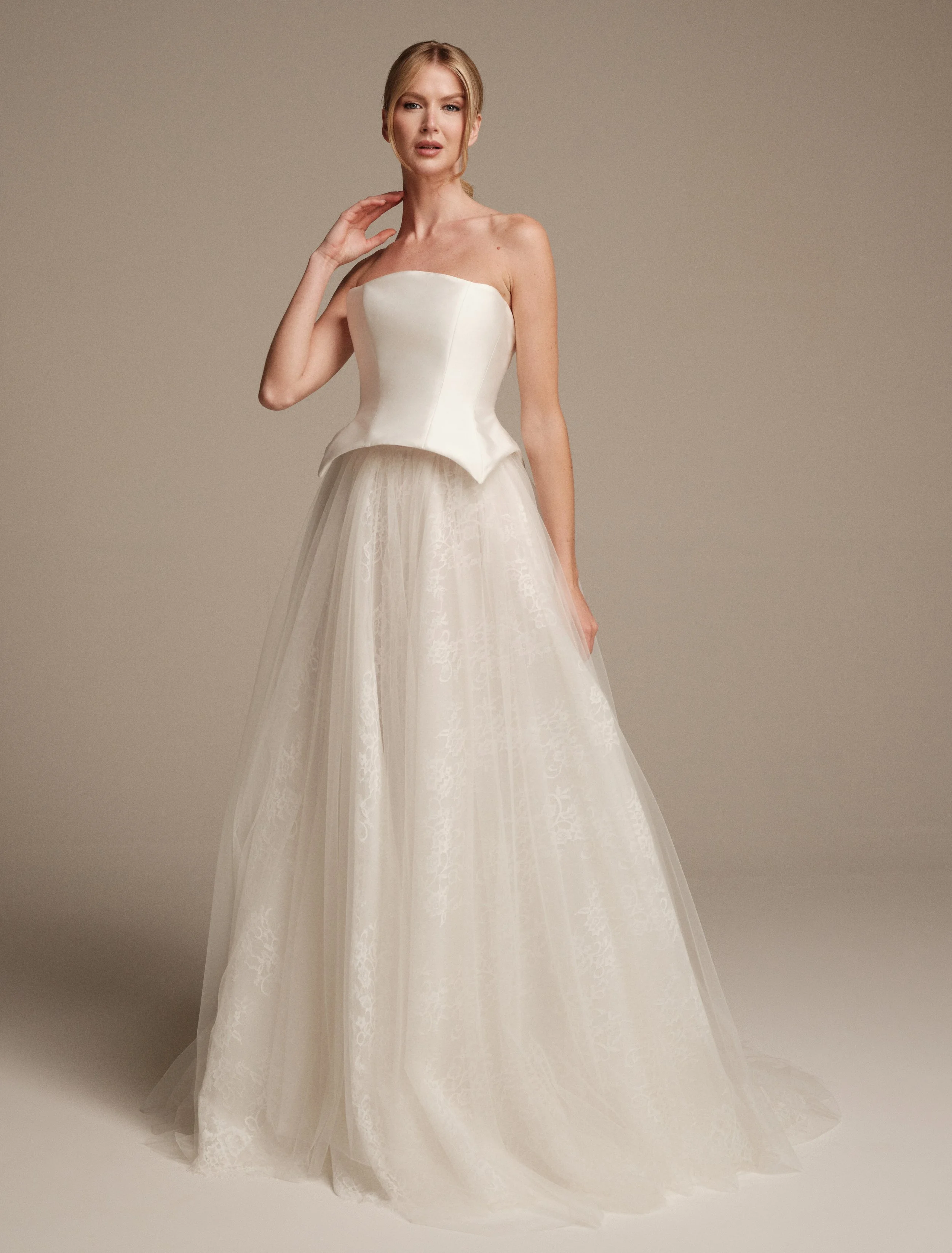 Full-length view of Gaia by Maria Pia featuring a silk mikado two-piece bodice and Chantilly lace skirt with soft tulle