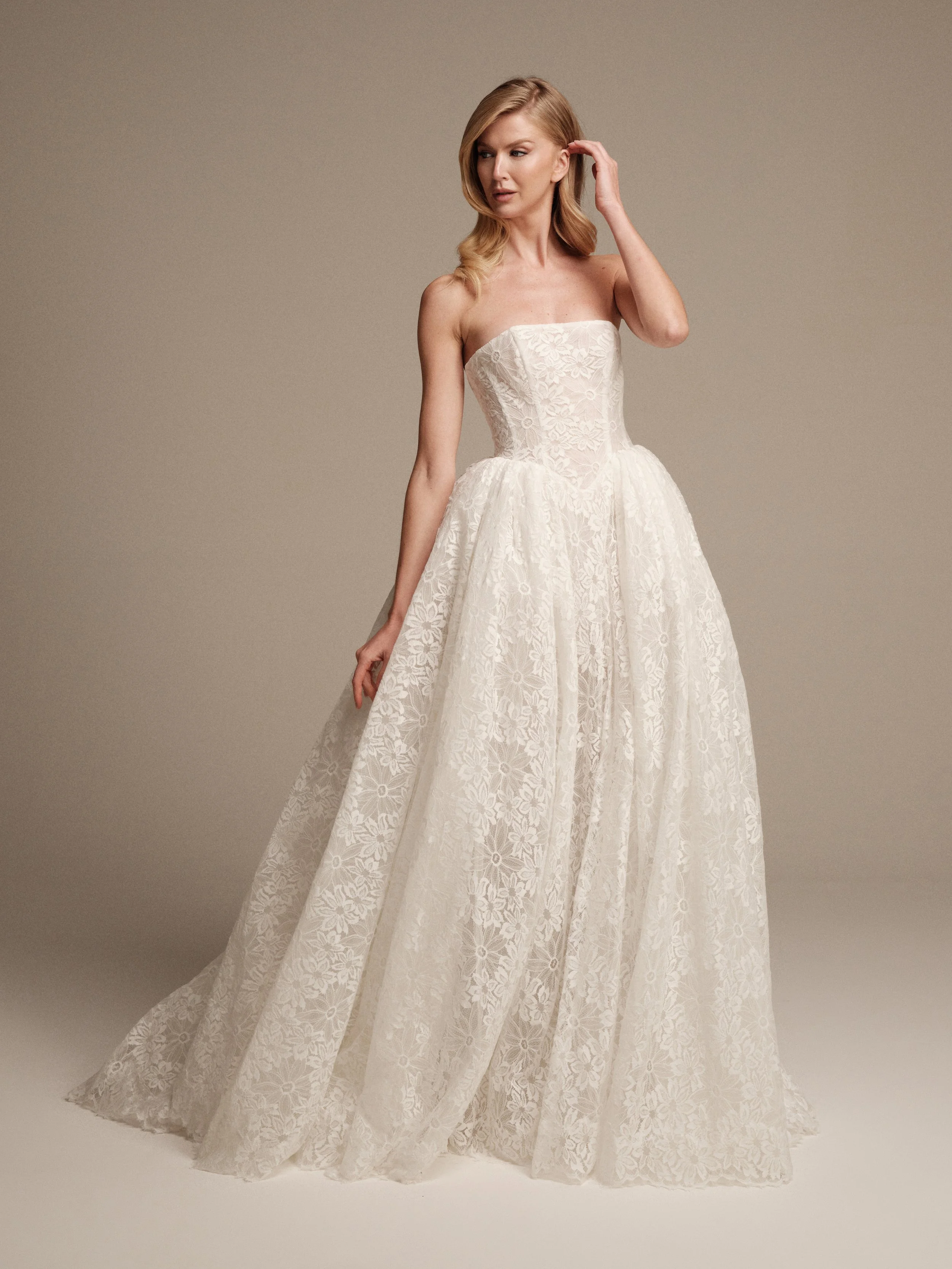 Selene strapless floral Venise lace wedding gown with voluminous full skirt by Maria Pia Bridal