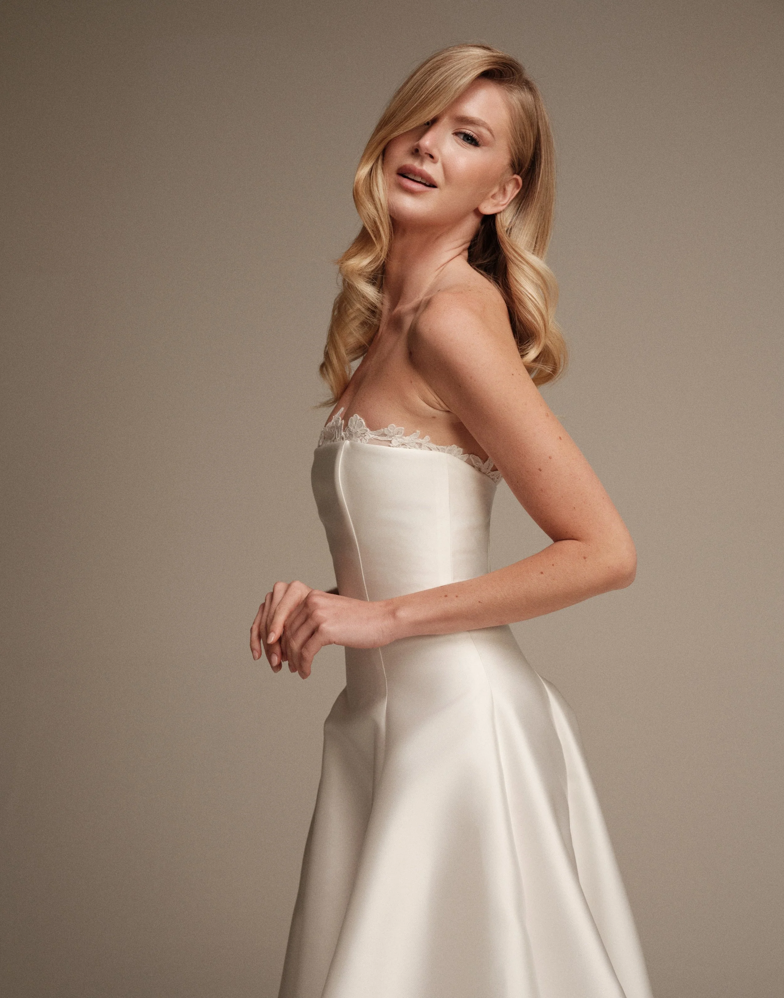 Maria Pia Vesta strapless silk mikado wedding dress with sculpted silhouette
