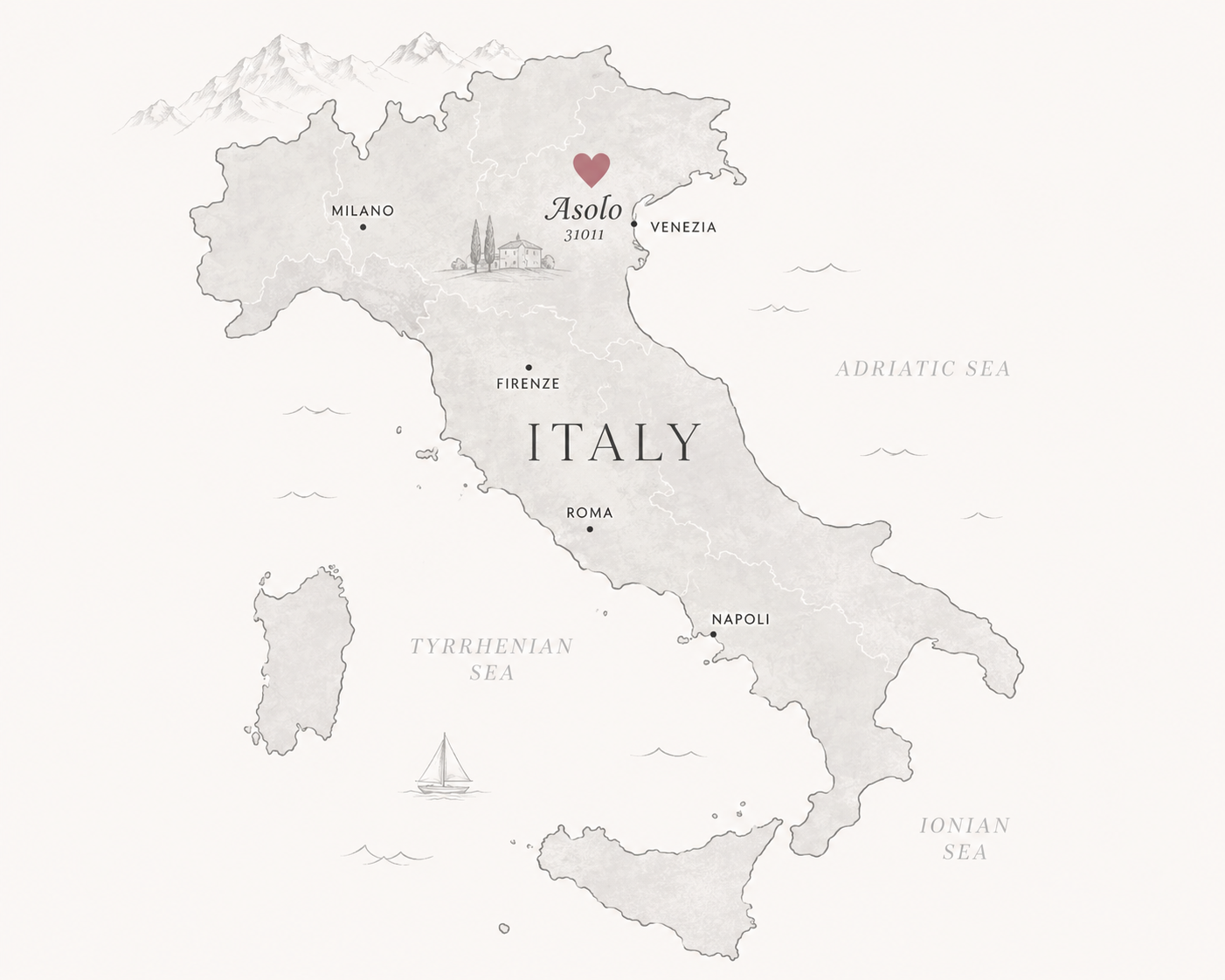 Map of Italy highlighting major cities such as Milan, Florence, Rome, Naples, Venice, and Asolo. The map features a heart symbol near Asolo with the zip code 31011, and includes illustrations of mountains, a sailing boat on the Tyrrhenian Sea, and a small building near Asolo.