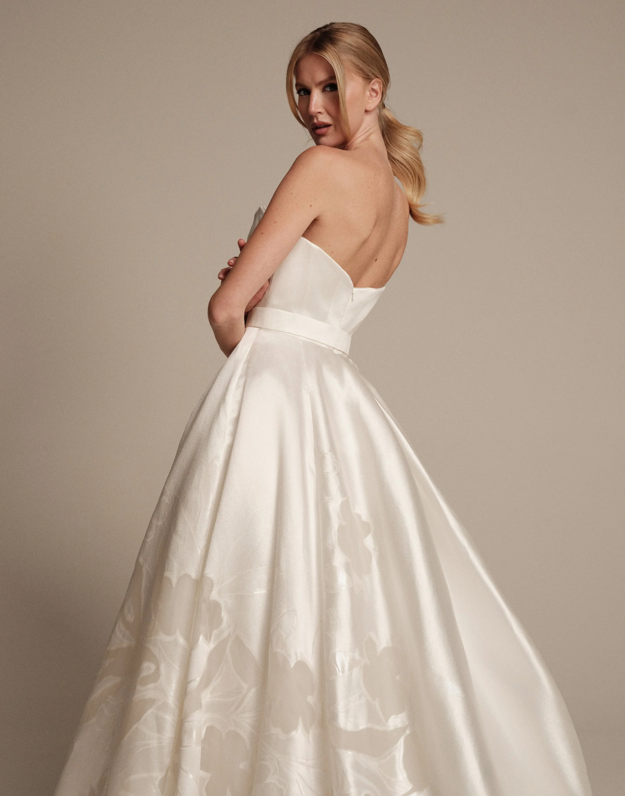 Fiore Italian bridal gown with full floral Mikado skirt