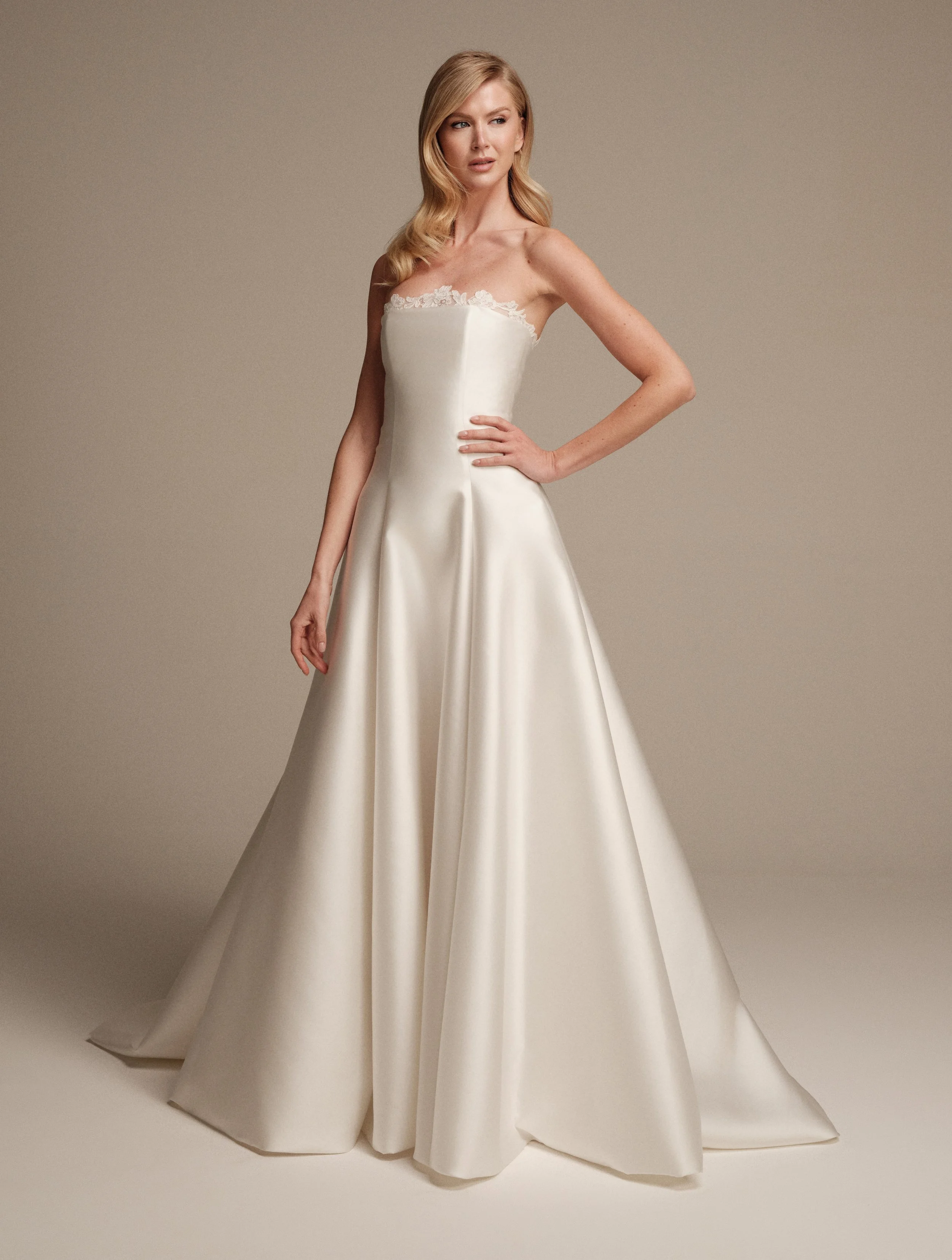 Vesta strapless silk mikado A-line wedding dress by Maria Pia