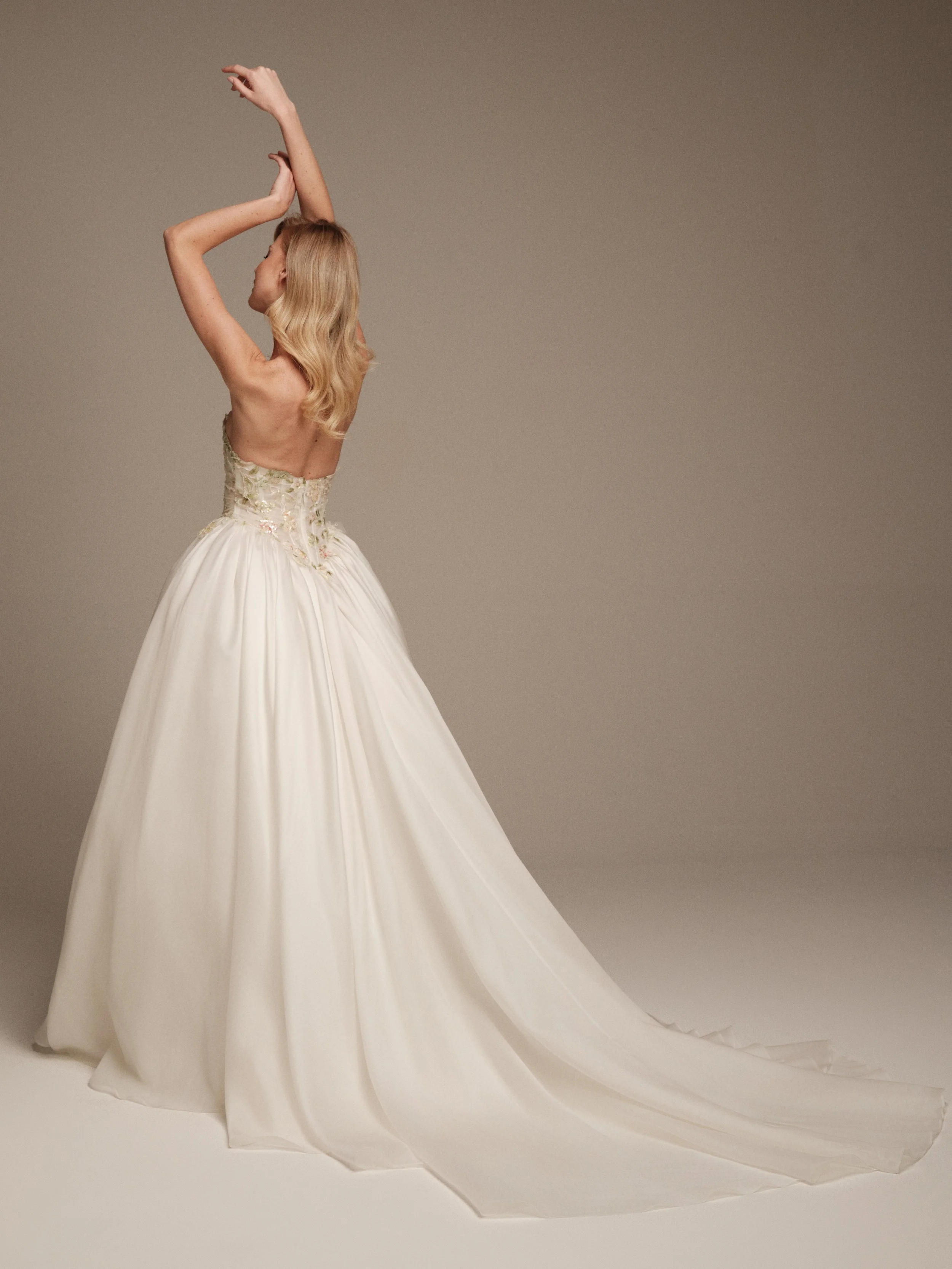 Flora Italian bridal gown with full silk organza skirt and sweeping train