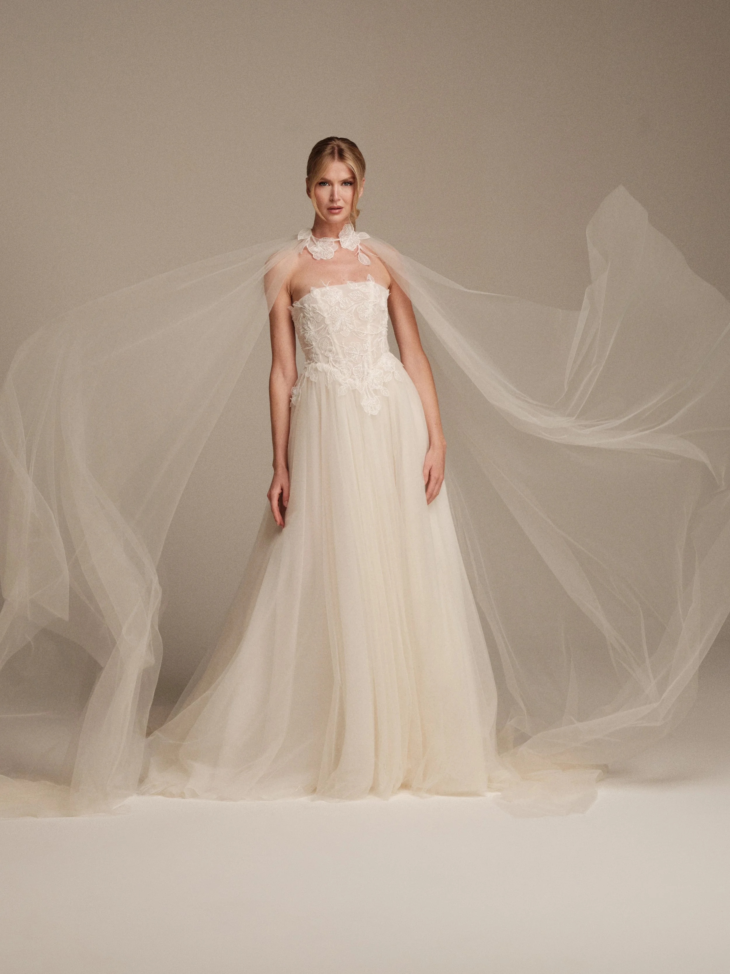 Maria Pia Luna sheer tulle bridal cape with flowing floor-length train