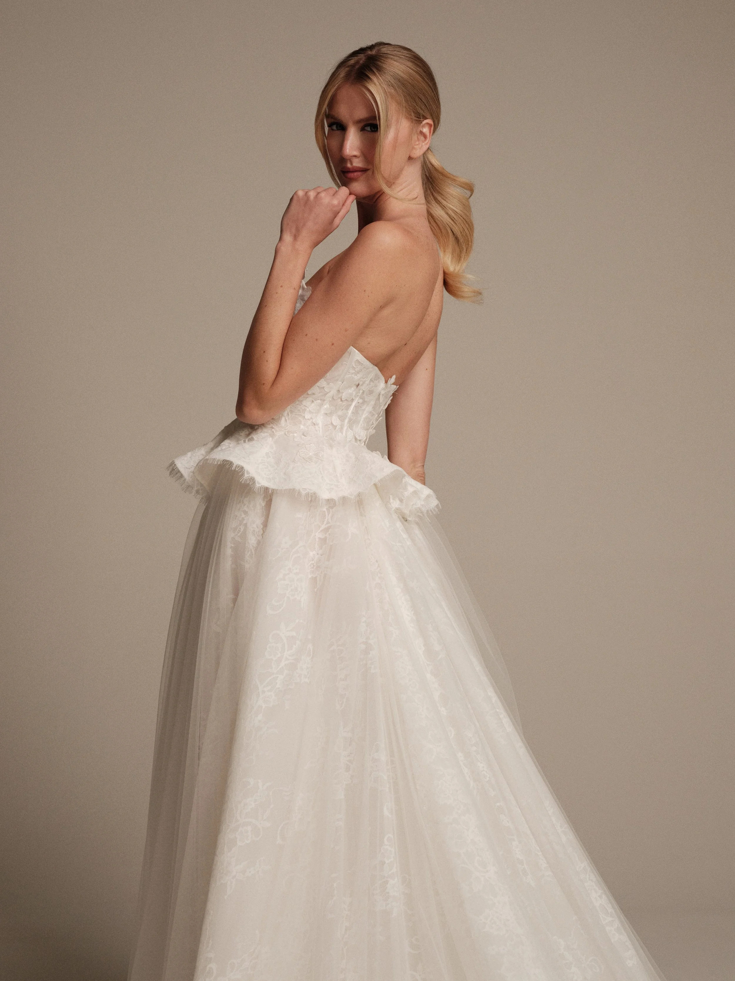 Back view of Gaia wedding dress by Maria Pia with floral lace bodice and soft tulle skirt
