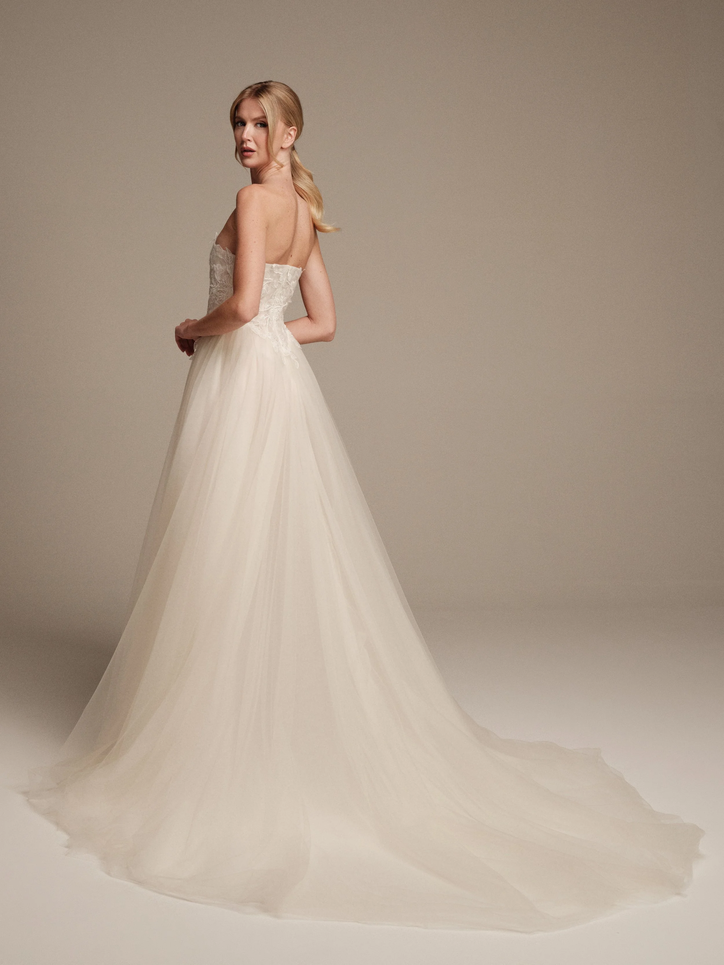 Luna silk tulle wedding dress with flowing back train by Maria Pia Bridal