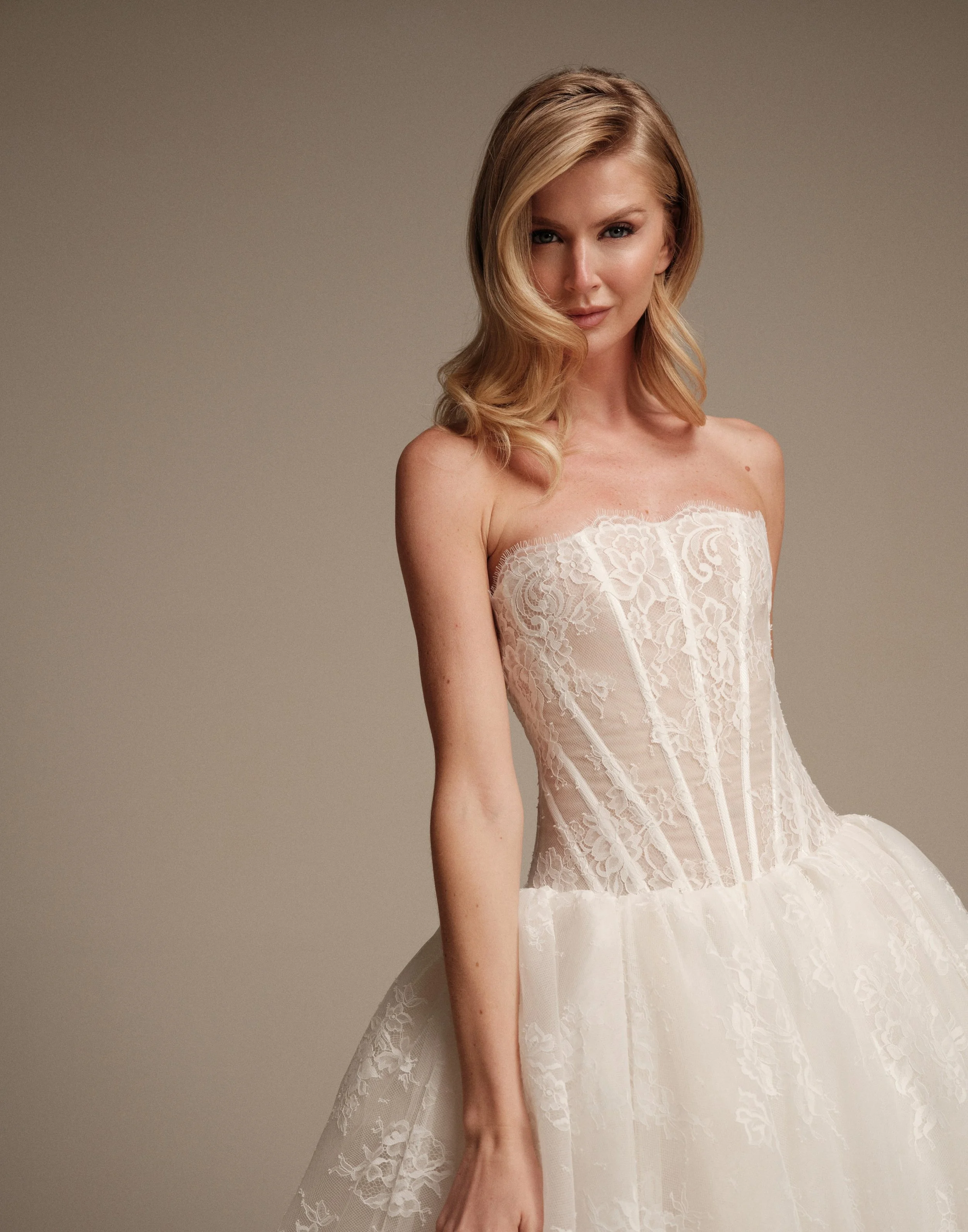 Detailed strapless corset bodice in Vine Chantilly Lace on the Venus wedding dress