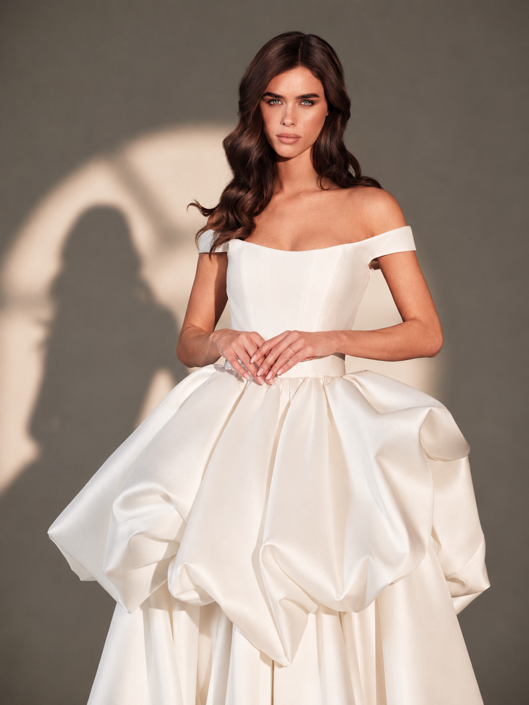Maria Pia Jelica wedding dress with off-the-shoulder neckline and sculptural skirt