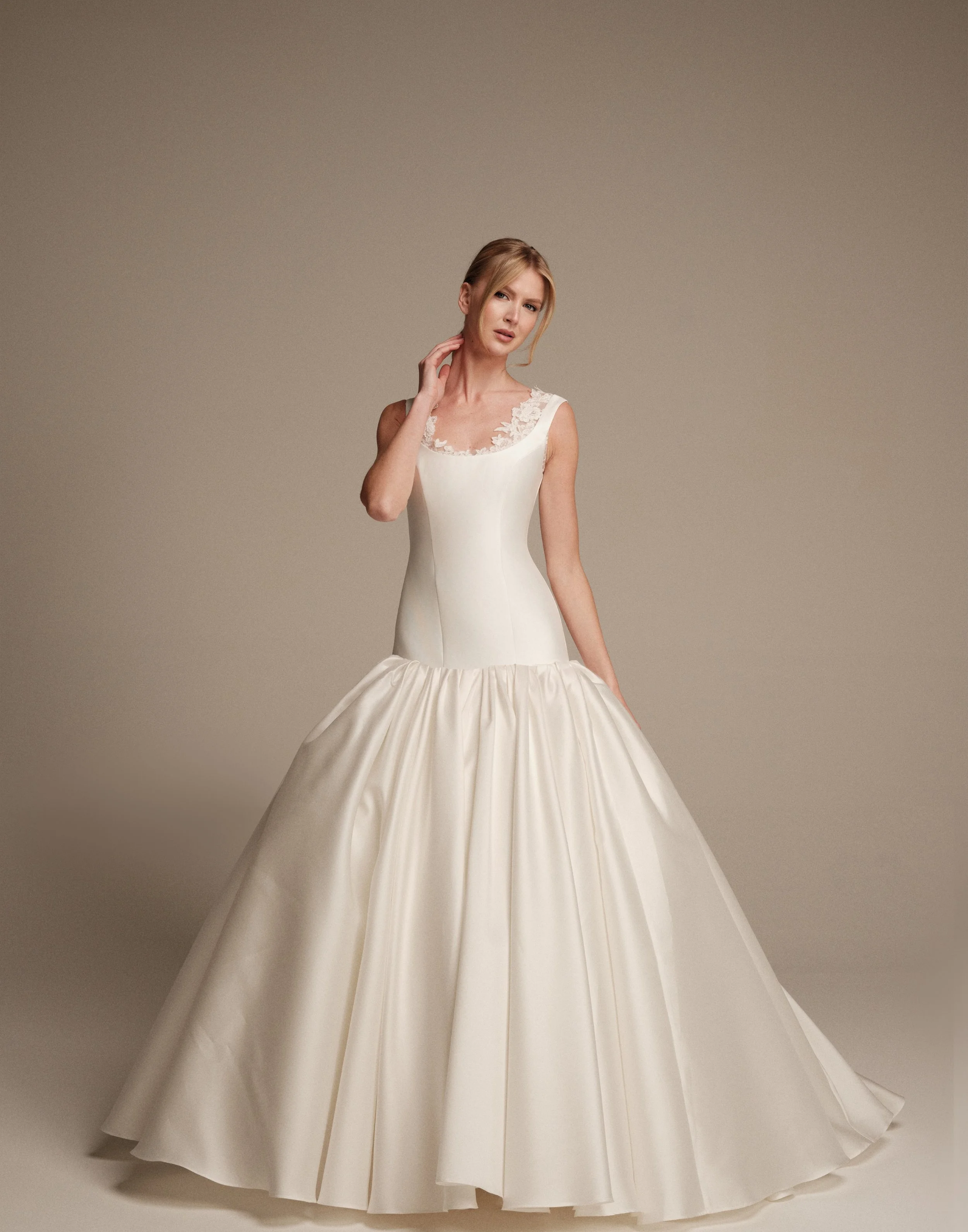 Athena silk mikado wedding dress with detachable lace neckline