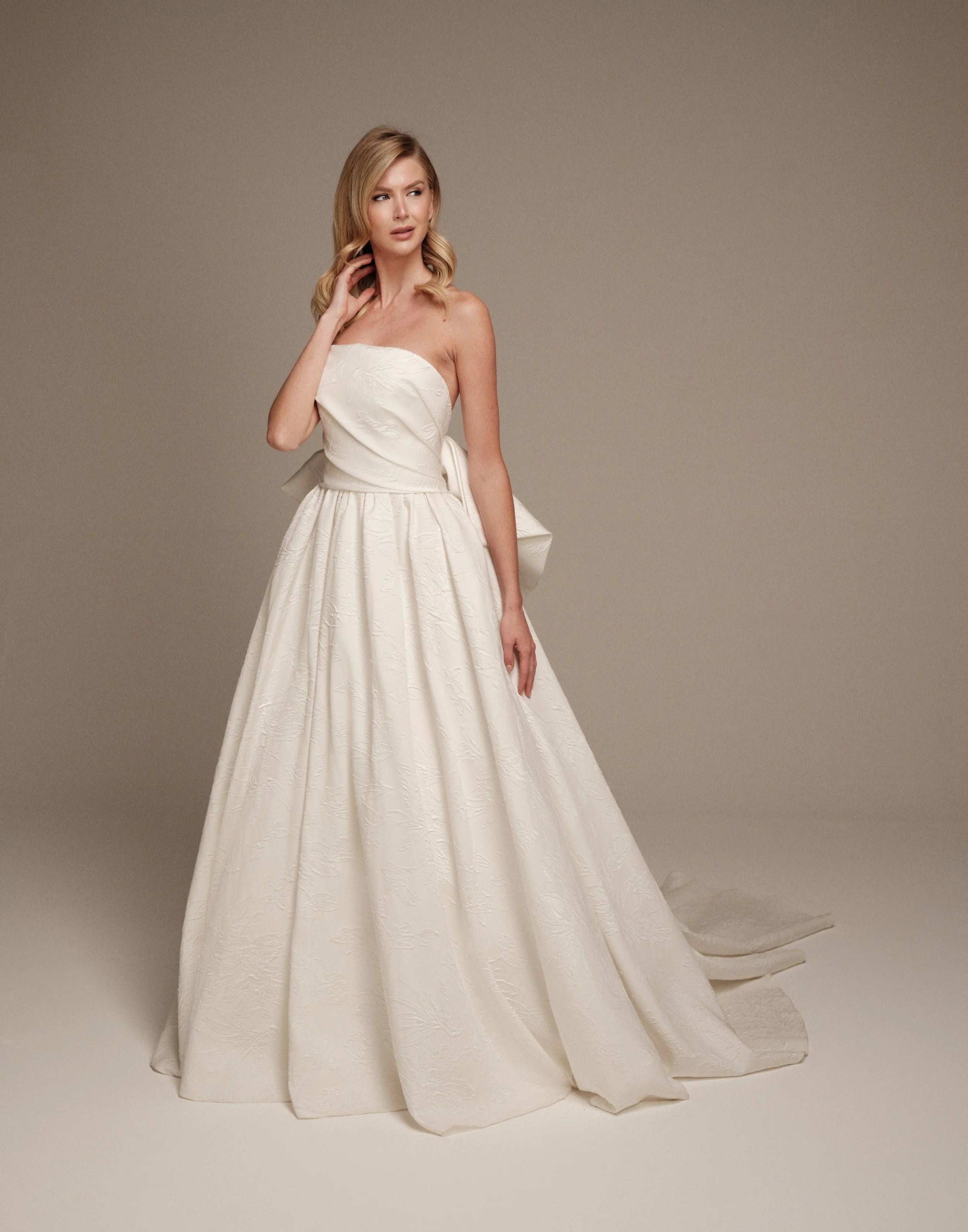 Maria Pia Arianna Fortune Brocade wedding dress with strapless draped bodice