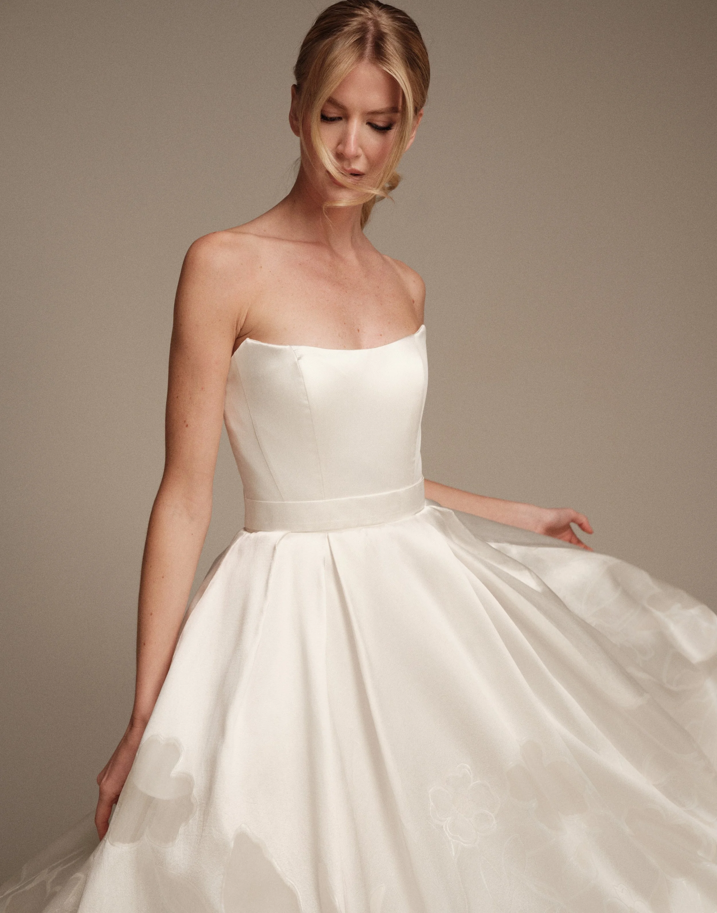 Fiore strapless bridal gown with structured bodice and floral Mikado