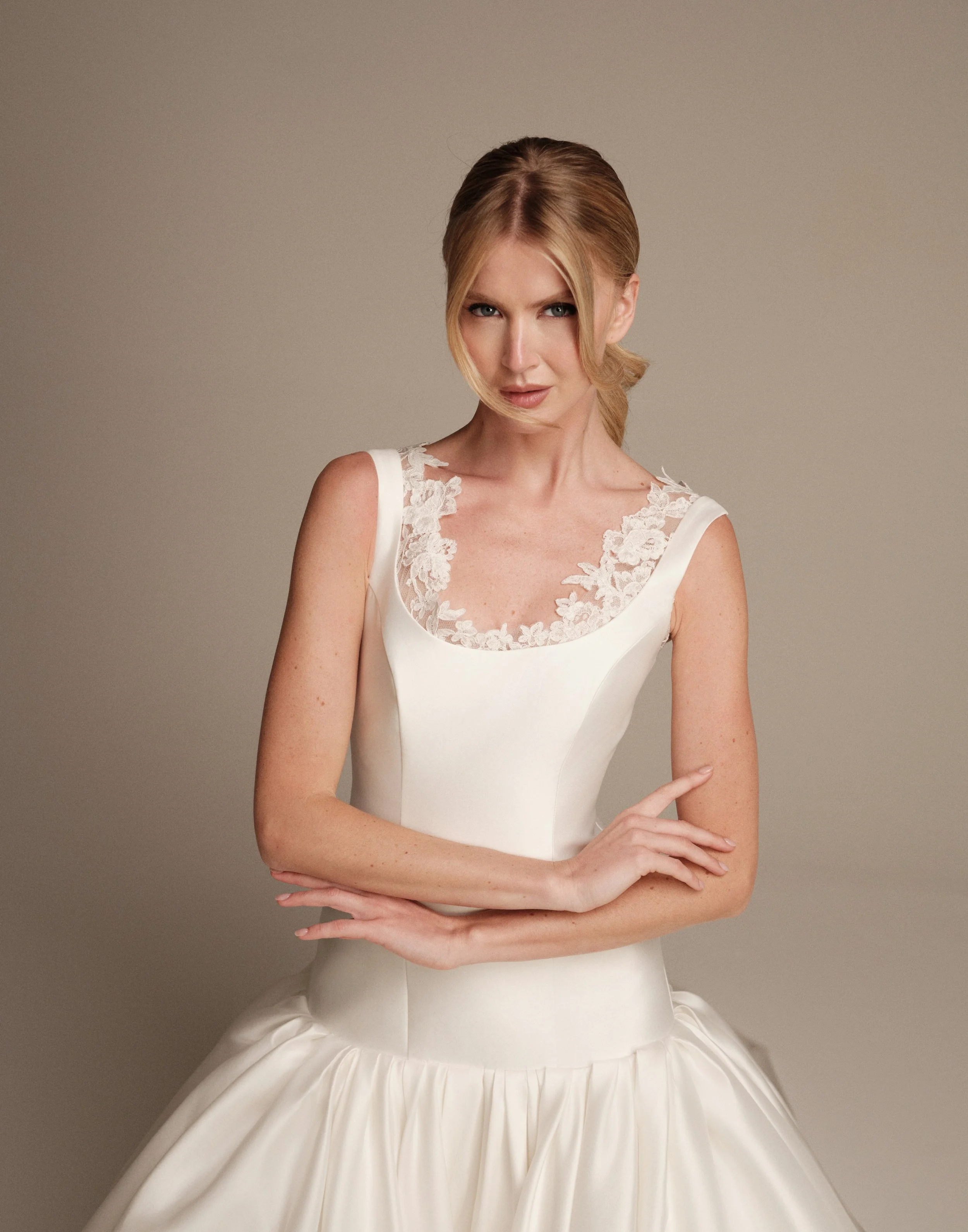 Close-up of Athena silk mikado bodice and lace edging