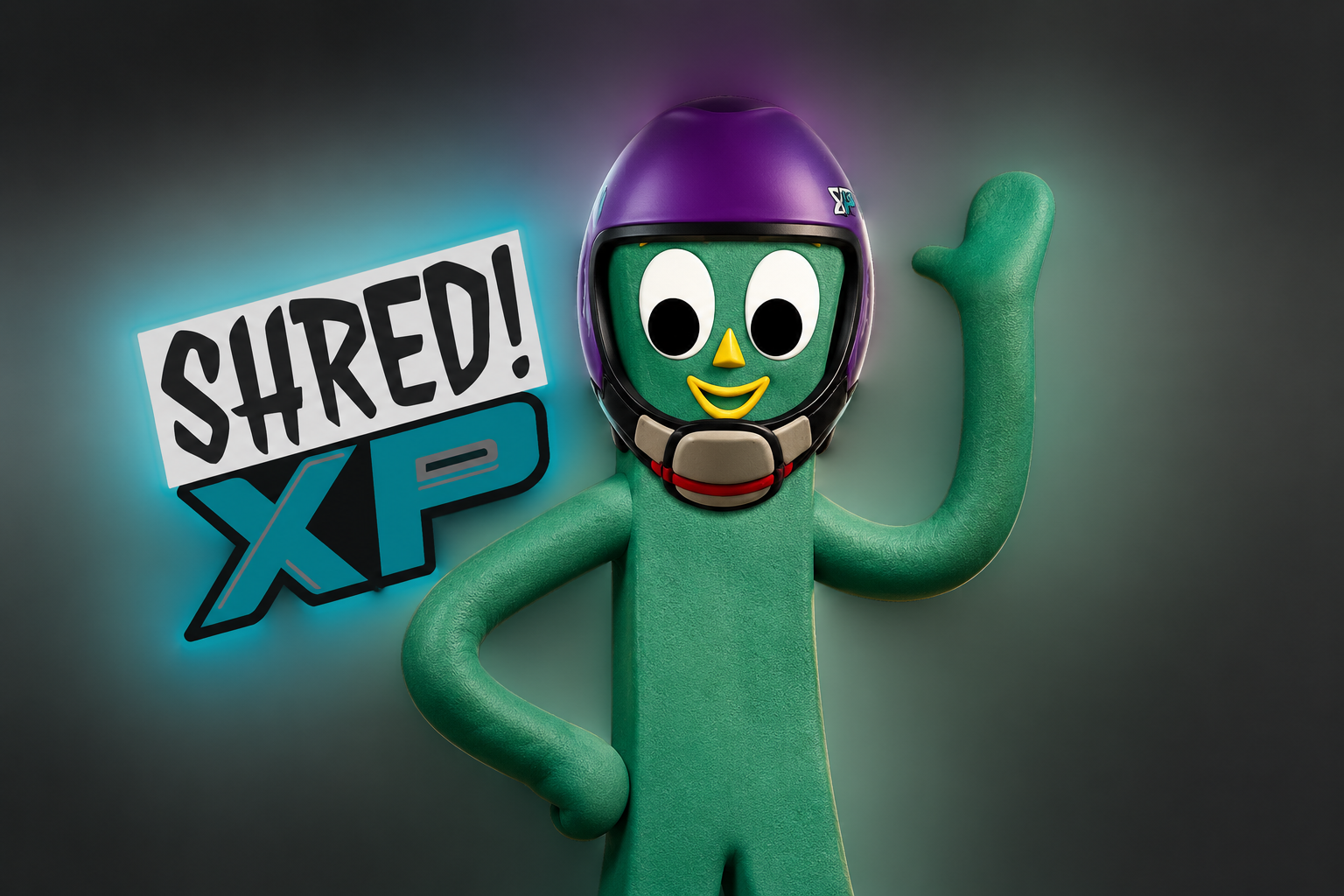 Shred XP mascot in a jumpsuit and helmet giving a thumbs up